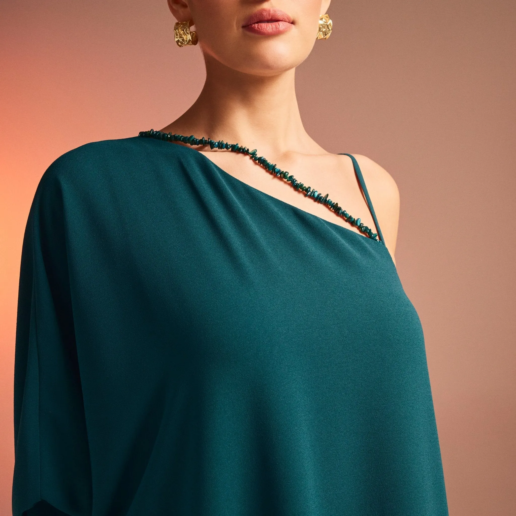 Dark Green One Shoulder Long Sleeve Crepe Dress