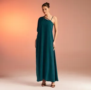 Dark Green One Shoulder Long Sleeve Crepe Dress