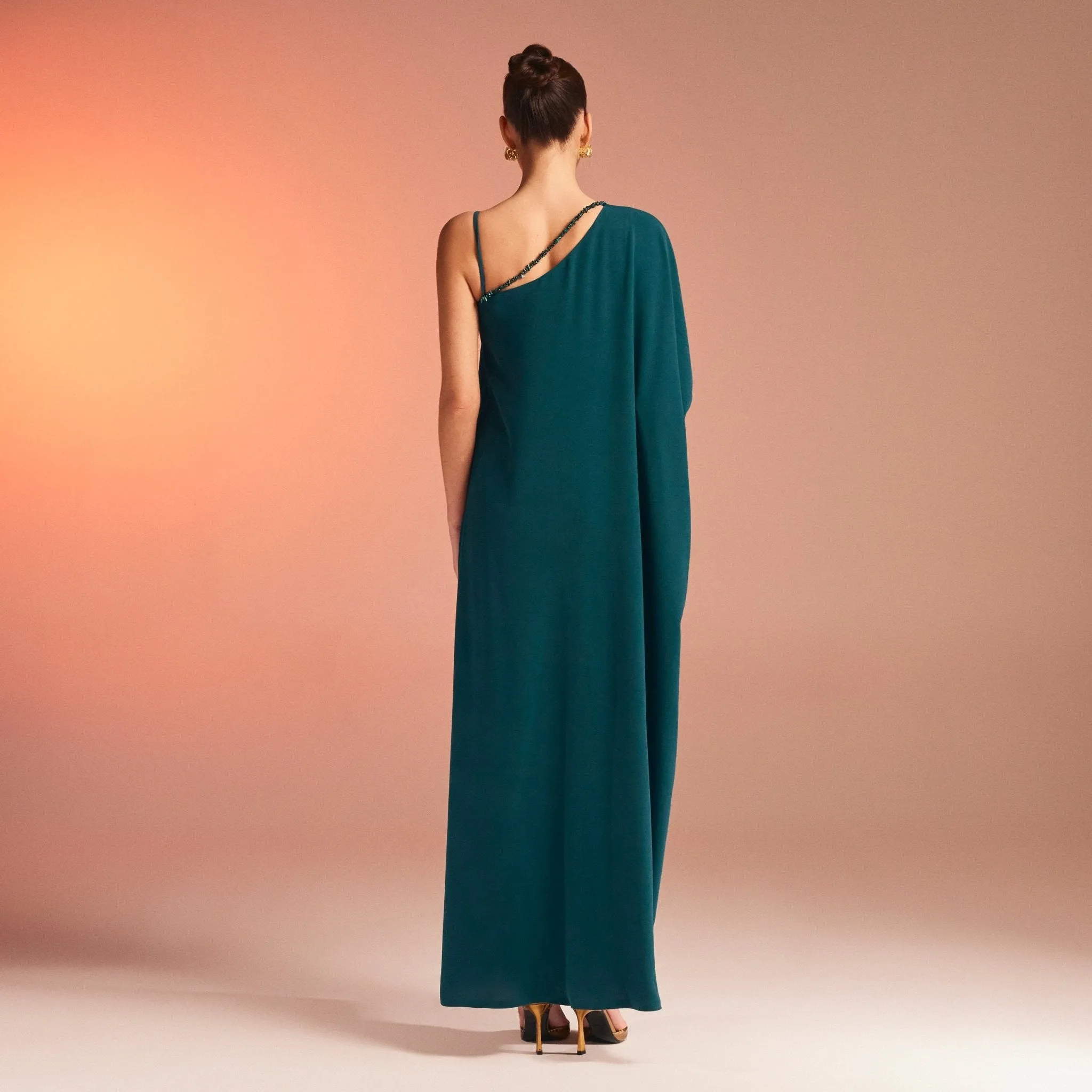 Dark Green One Shoulder Long Sleeve Crepe Dress