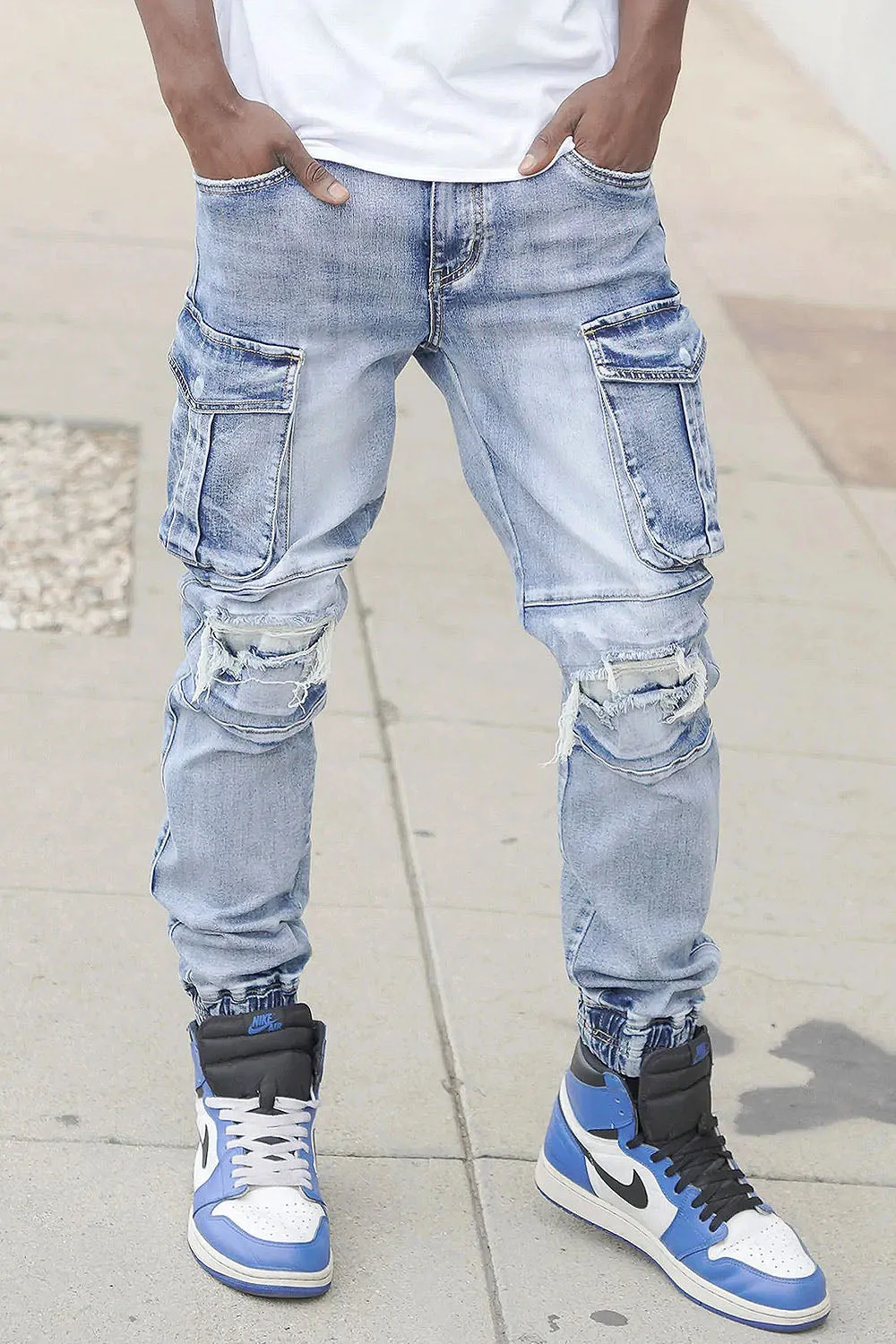 Distressed Washed Cargo Denim Joggers