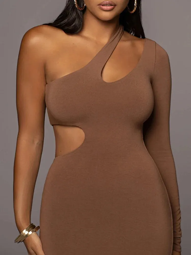 DressBetty - 2024 Solid Color One Shoulder Hollow Out Midi Dress Cut Out Dresses
