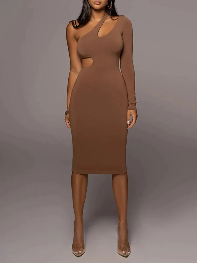 DressBetty - 2024 Solid Color One Shoulder Hollow Out Midi Dress Cut Out Dresses