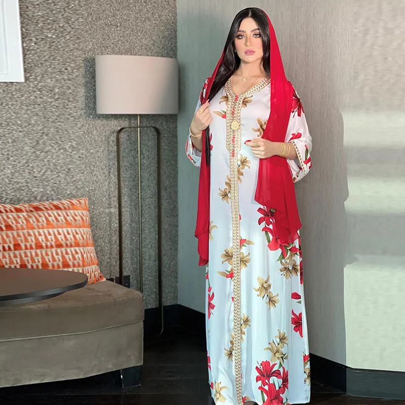 Fashion Floral Print Muslim Dress for Women