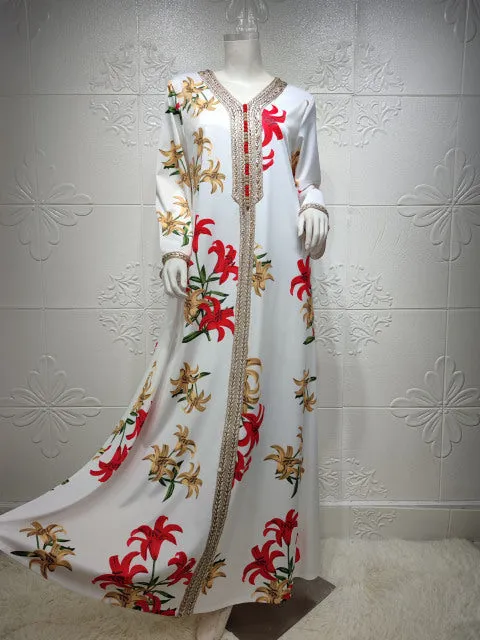 Fashion Floral Print Muslim Dress for Women
