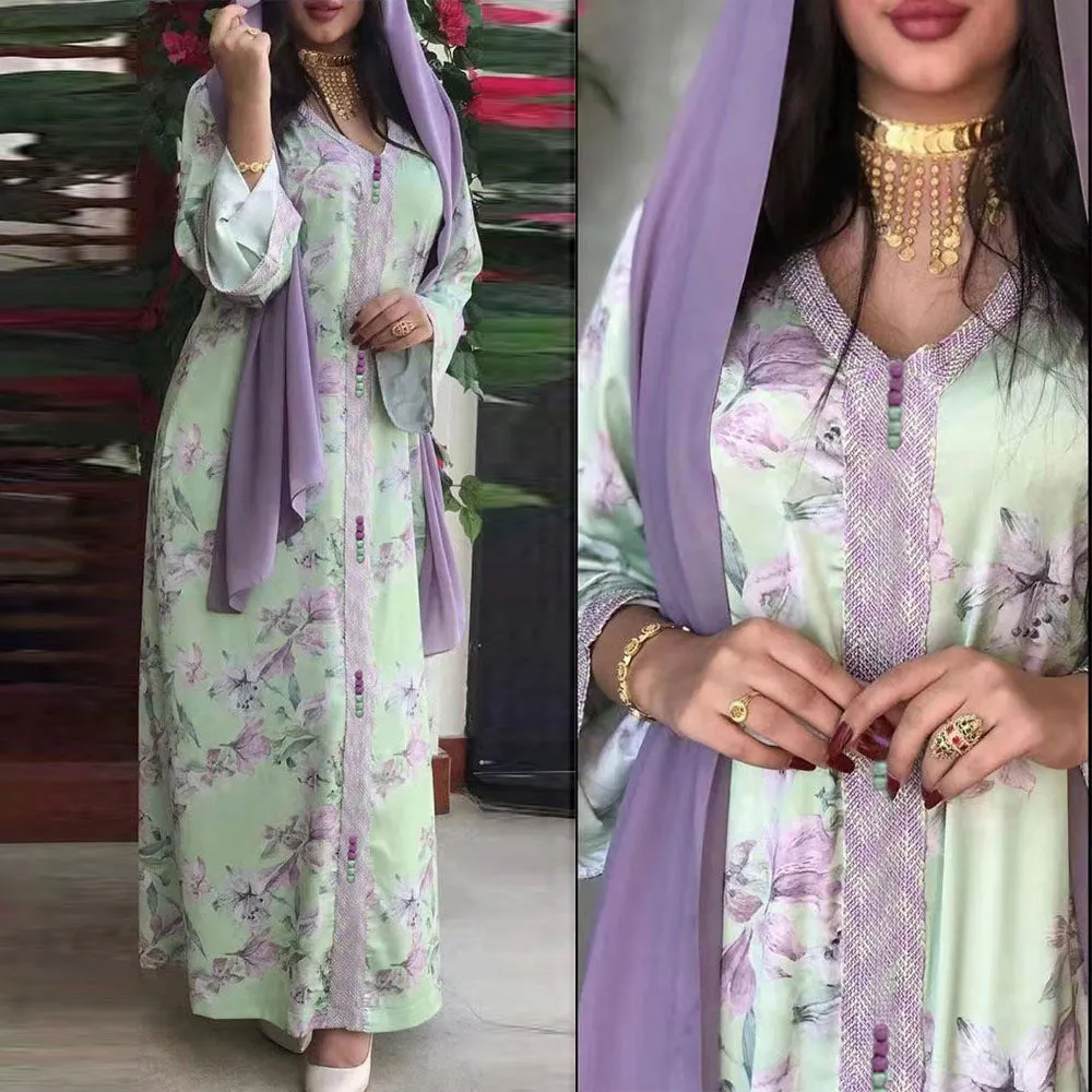 Fashion Floral Print Muslim Dress for Women