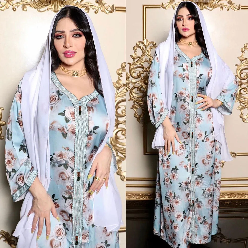 Fashion Floral Print Muslim Dress for Women