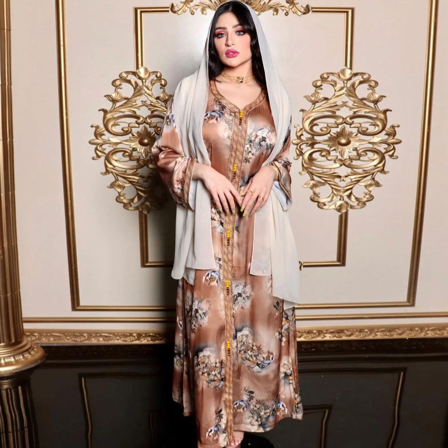 Fashion Floral Print Muslim Dress for Women
