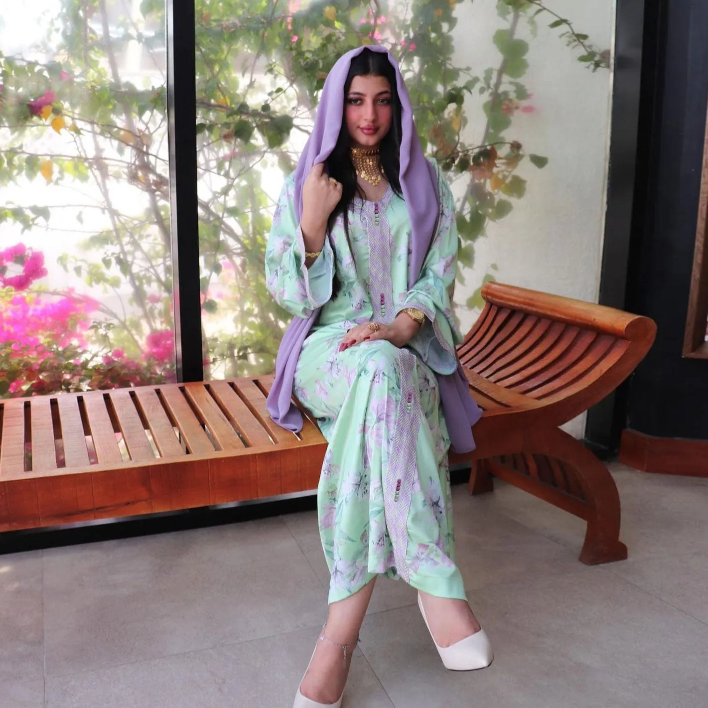 Fashion Floral Print Muslim Dress for Women