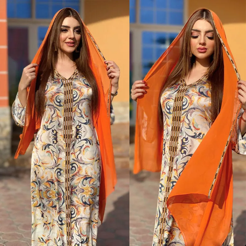 Fashion Floral Print Muslim Dress for Women