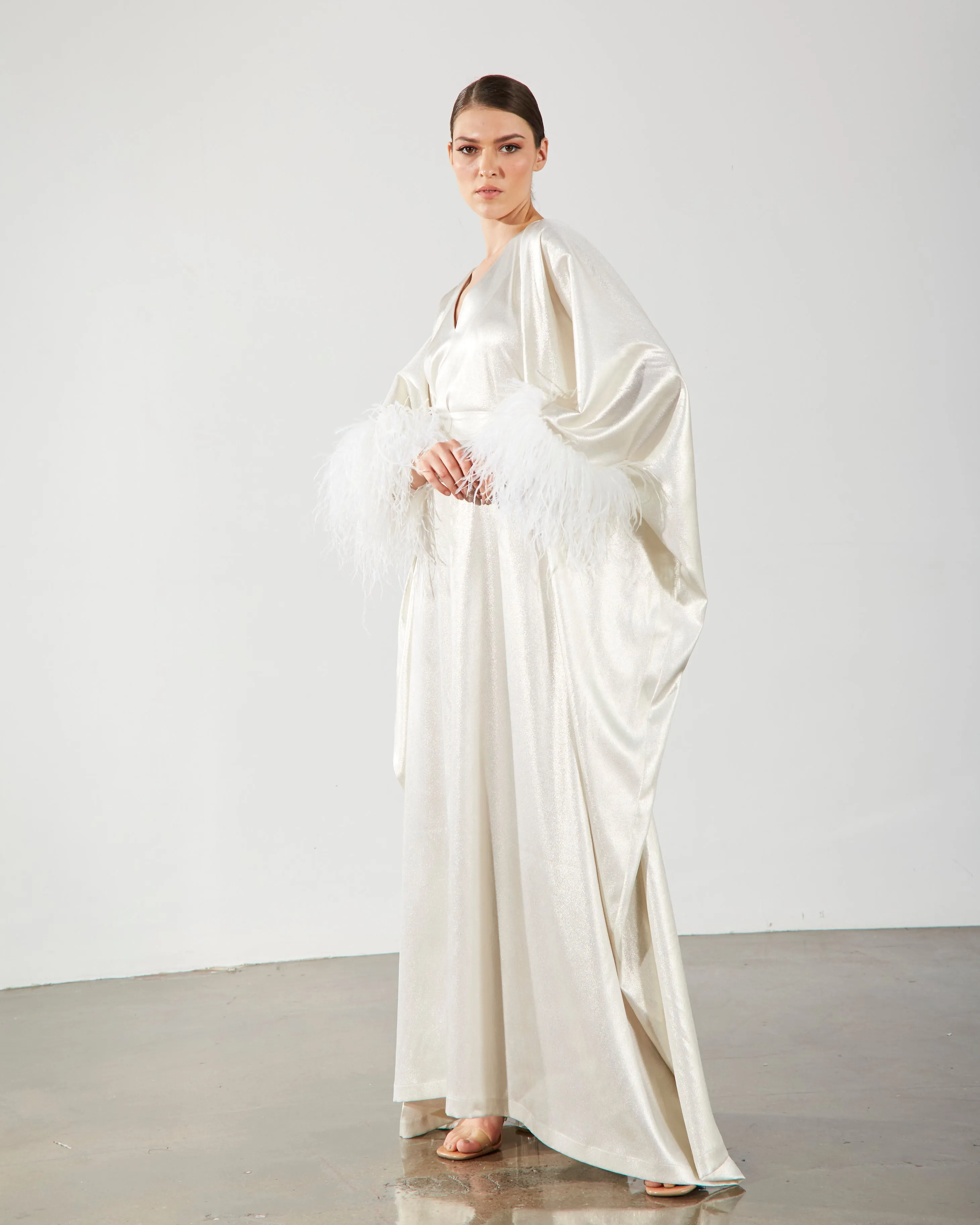 Feather Trimmed Kaftan - White