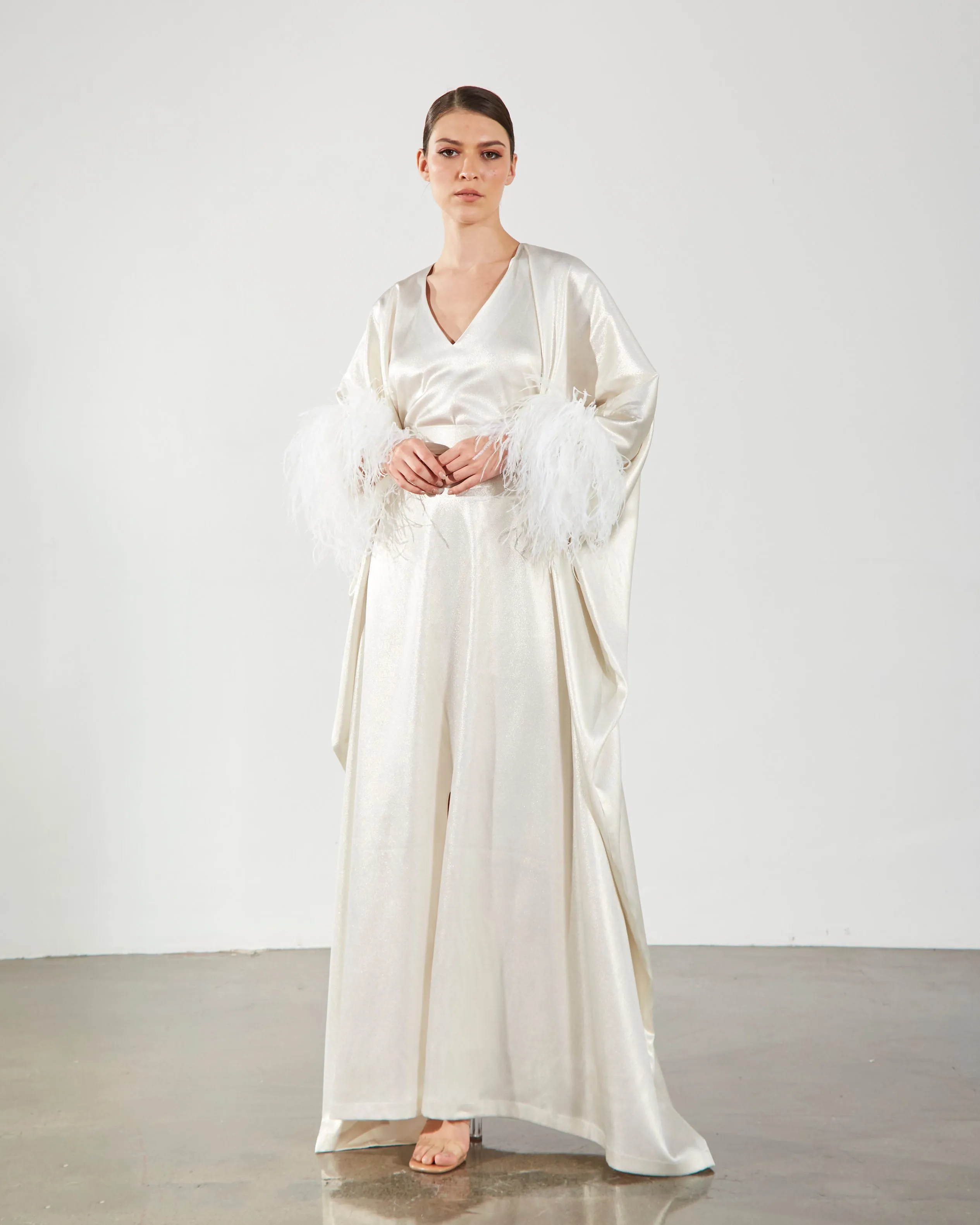 Feather Trimmed Kaftan - White