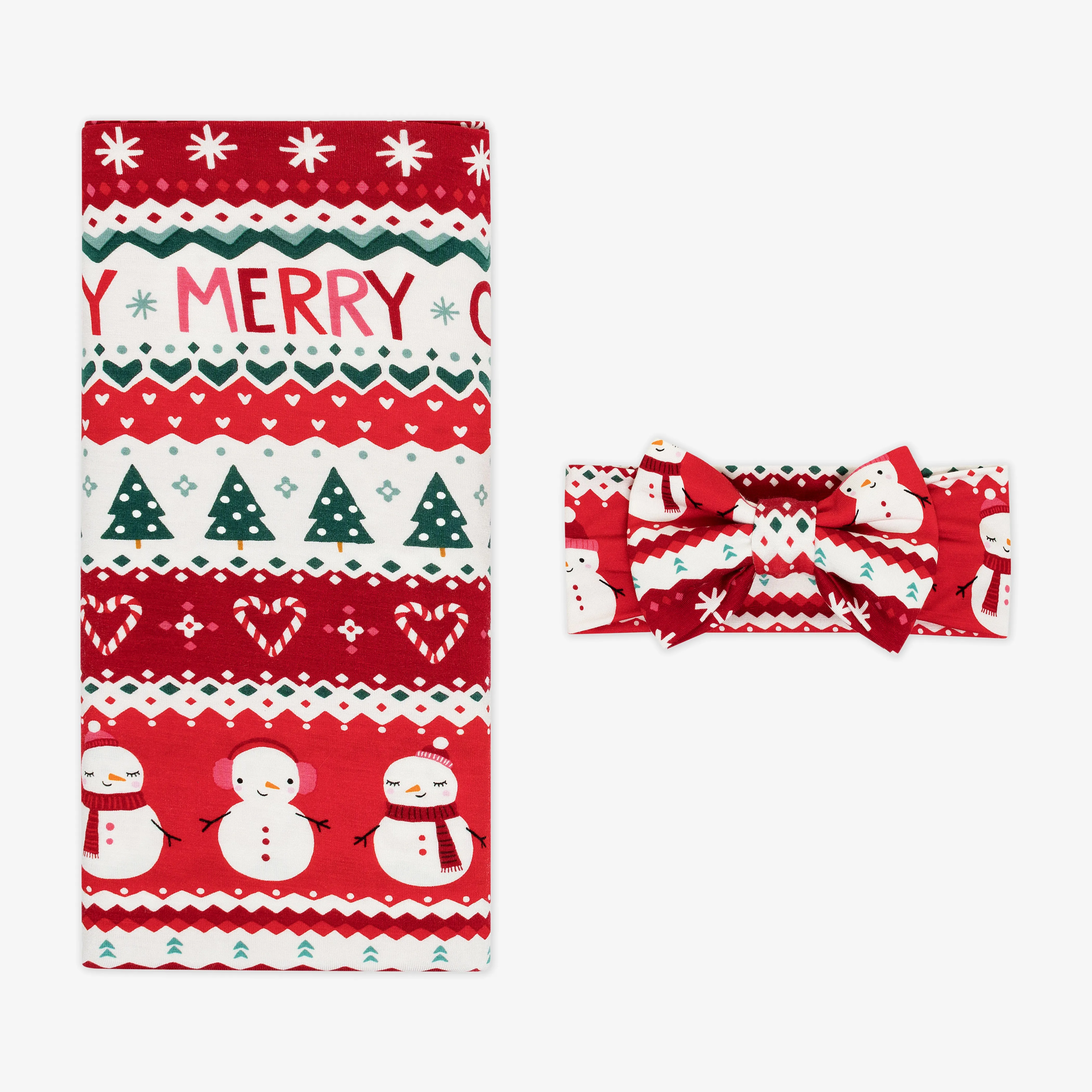 Festive Fair Isle Swaddle & Luxe Bow Headband Set