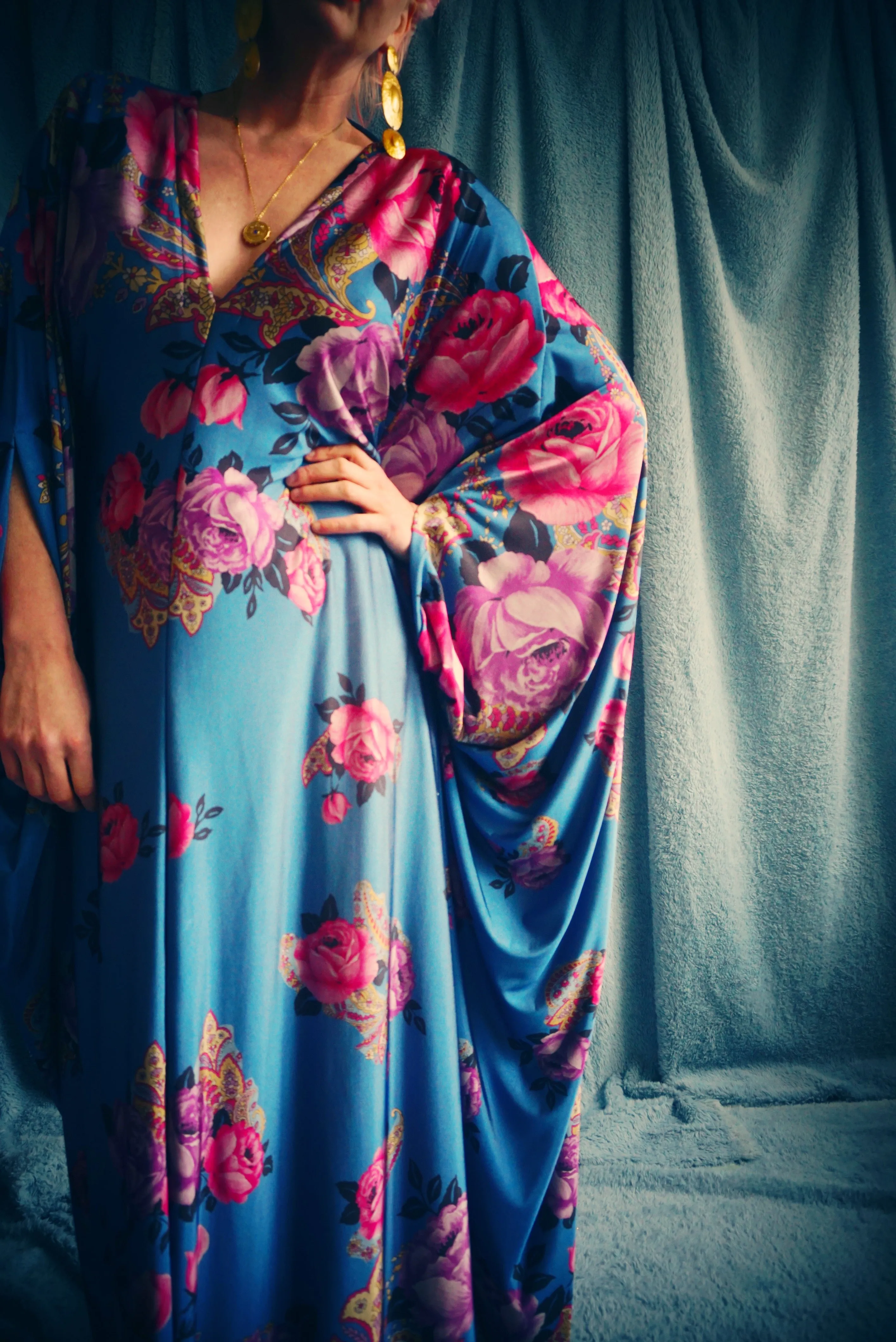 Floral Border pinks and blues Flower Garden Kaftan Gown