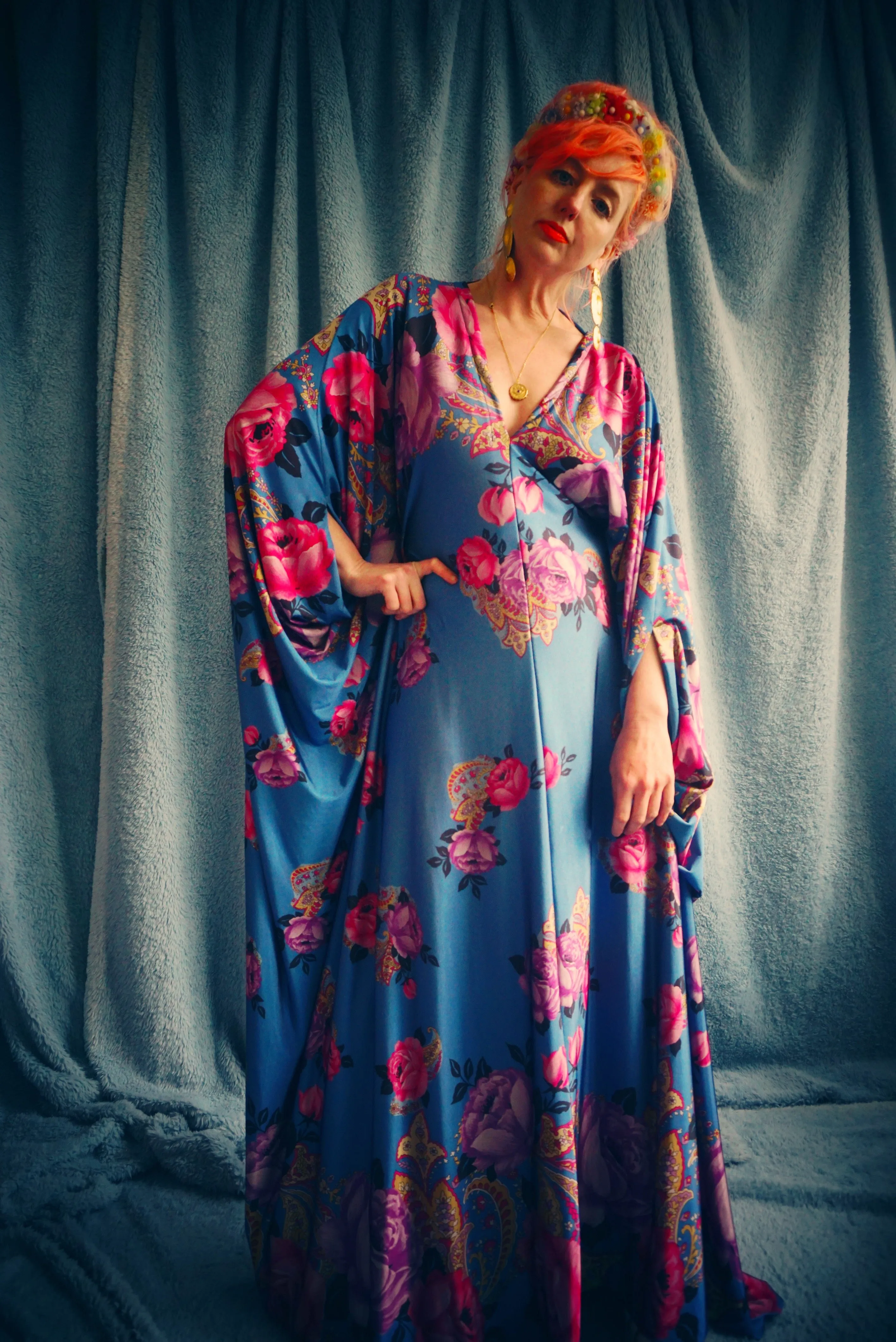 Floral Border pinks and blues Flower Garden Kaftan Gown