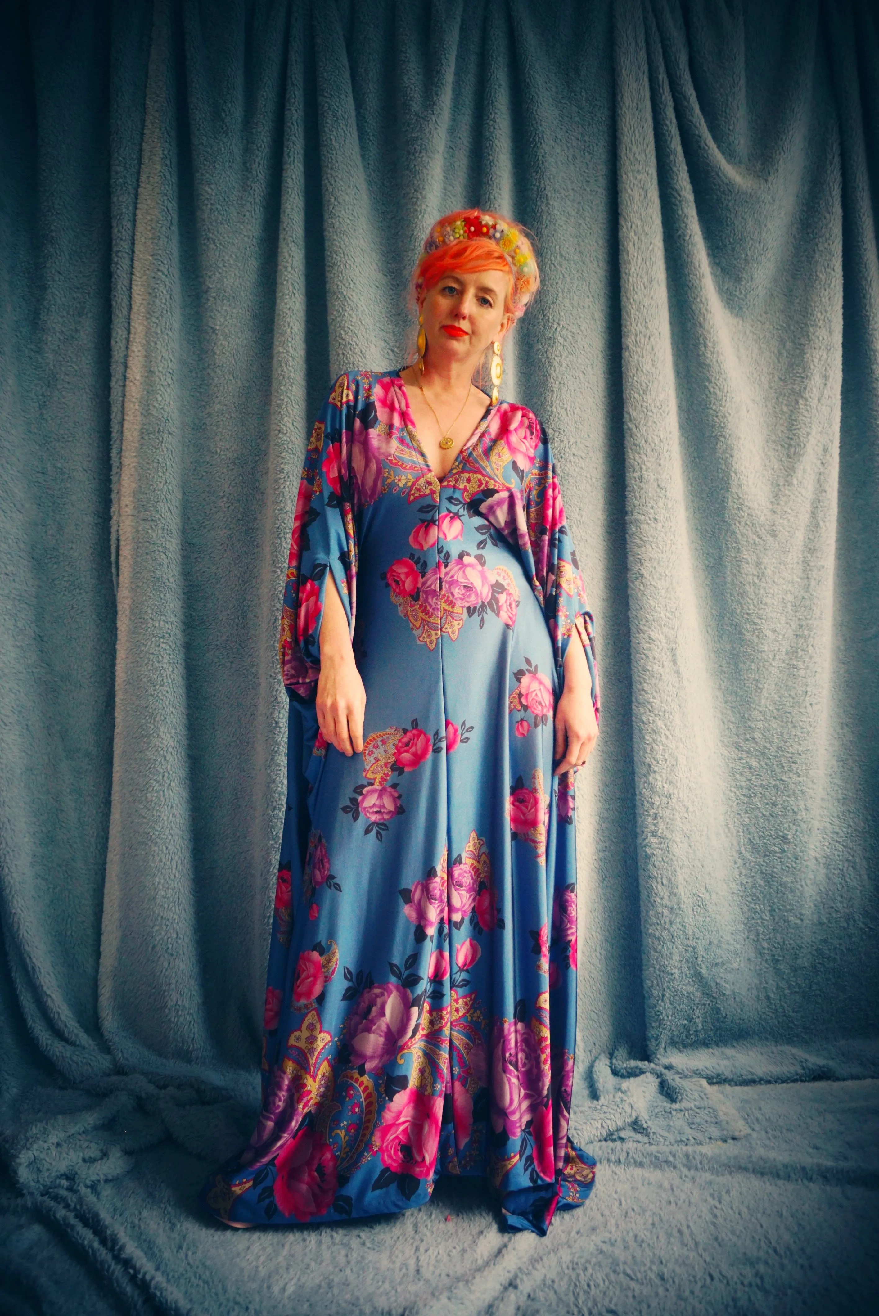 Floral Border pinks and blues Flower Garden Kaftan Gown