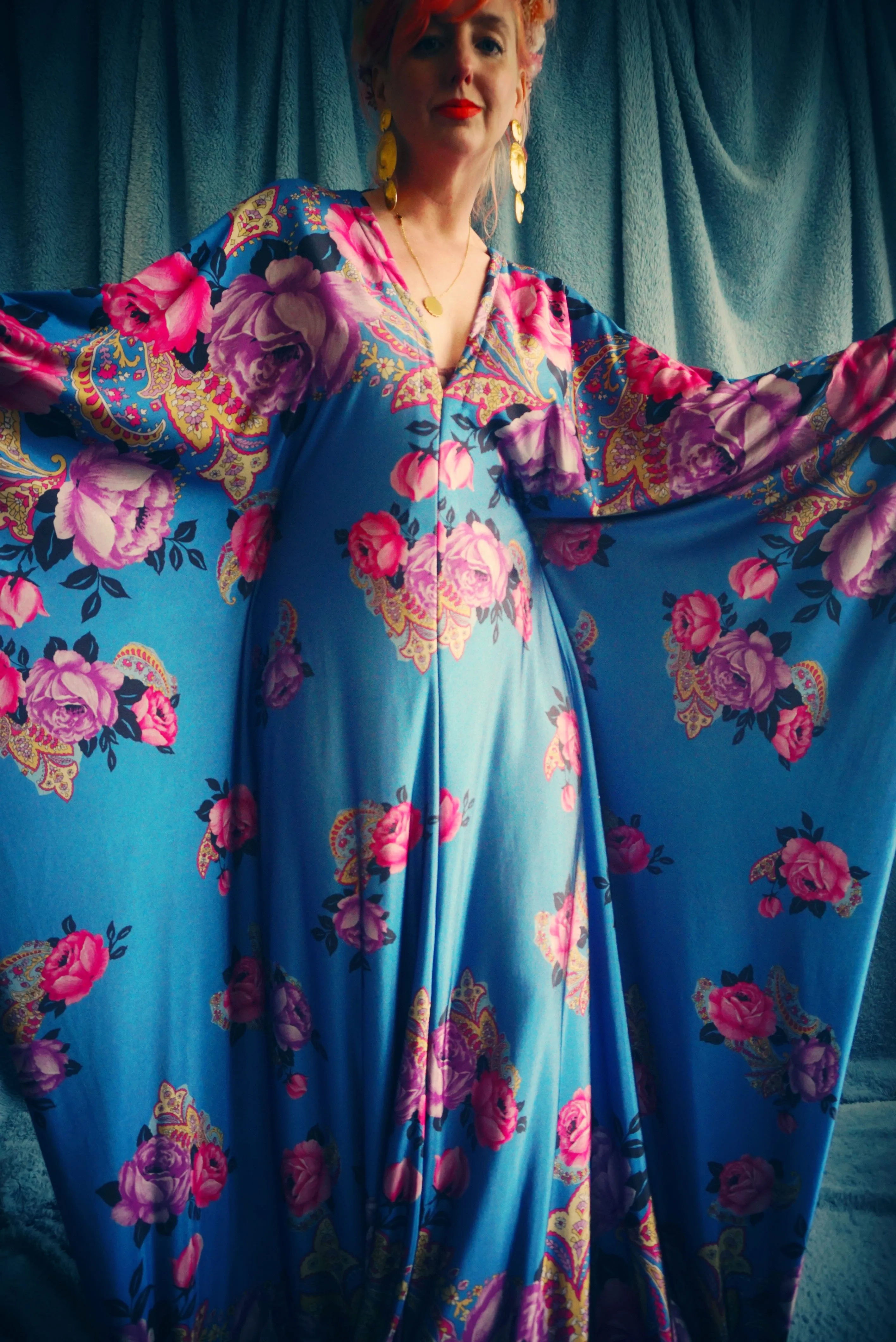 Floral Border pinks and blues Flower Garden Kaftan Gown
