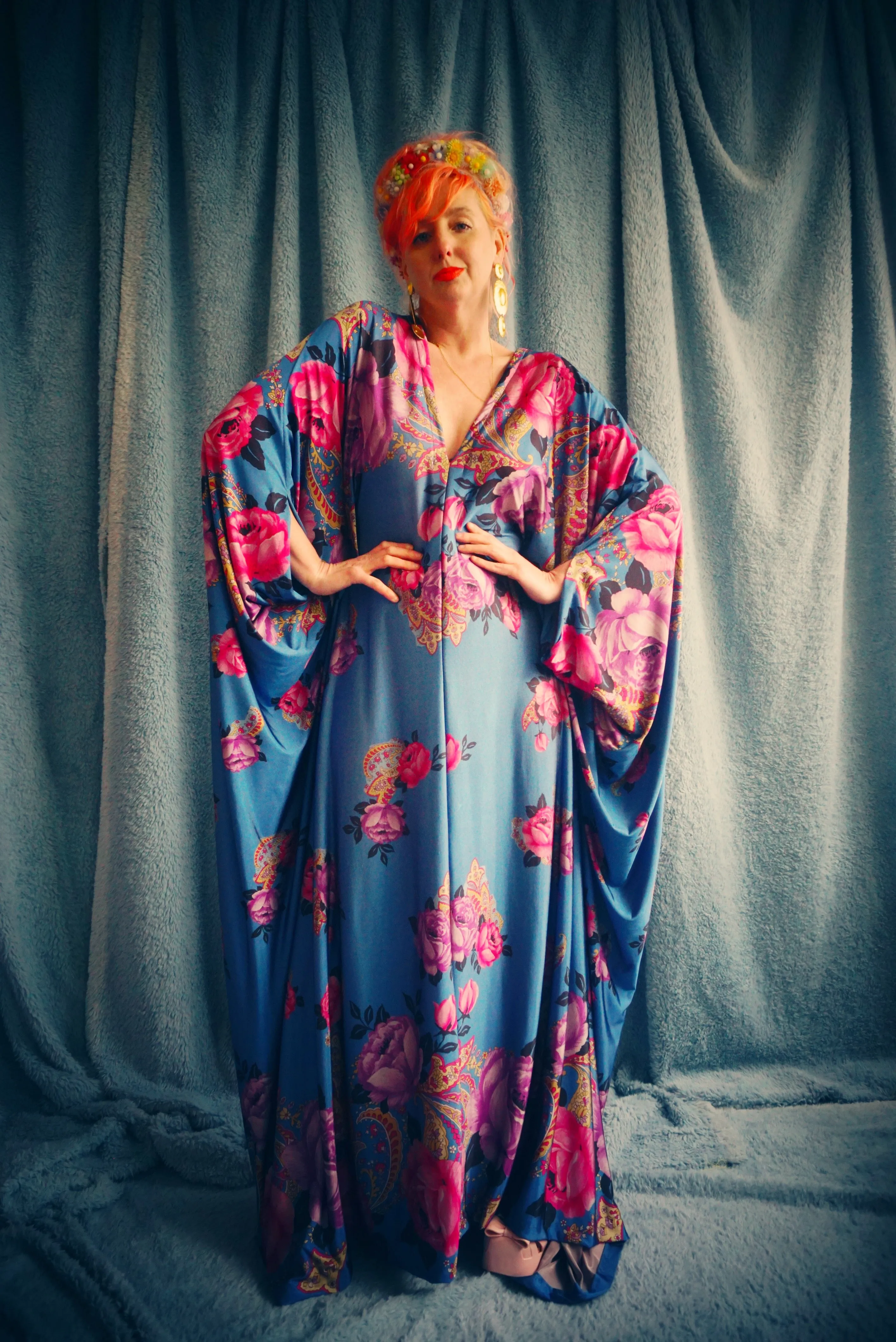 Floral Border pinks and blues Flower Garden Kaftan Gown