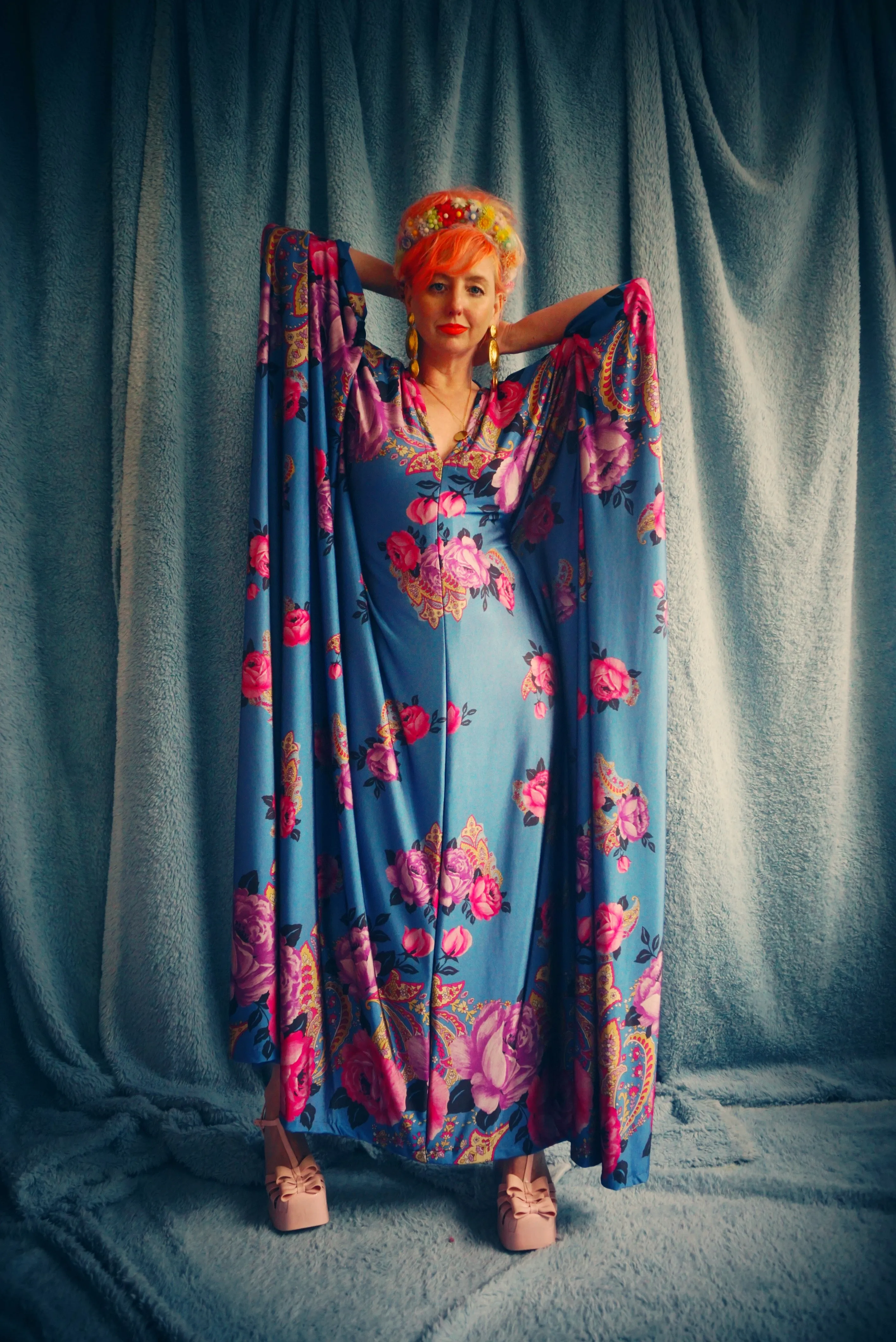 Floral Border pinks and blues Flower Garden Kaftan Gown