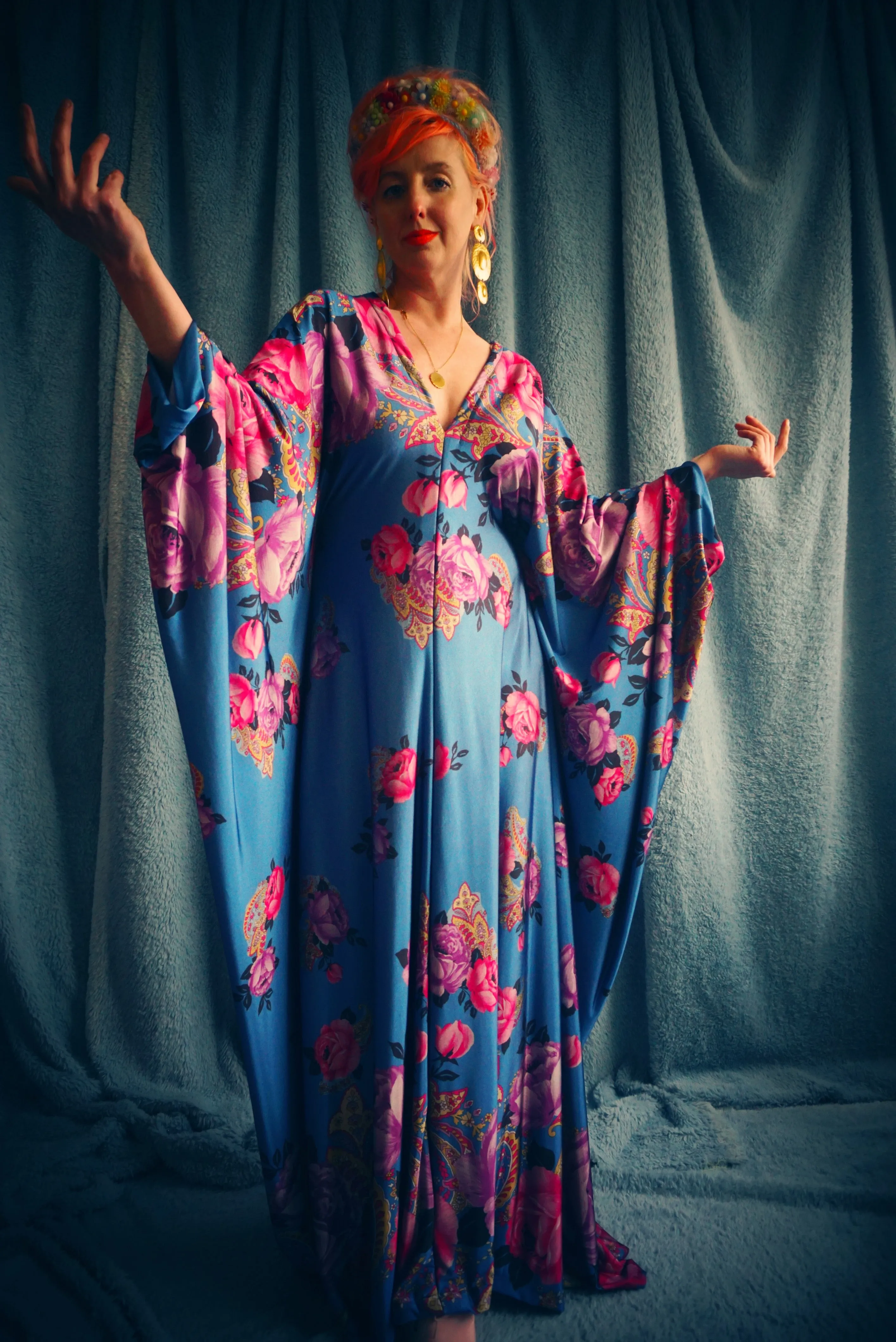 Floral Border pinks and blues Flower Garden Kaftan Gown