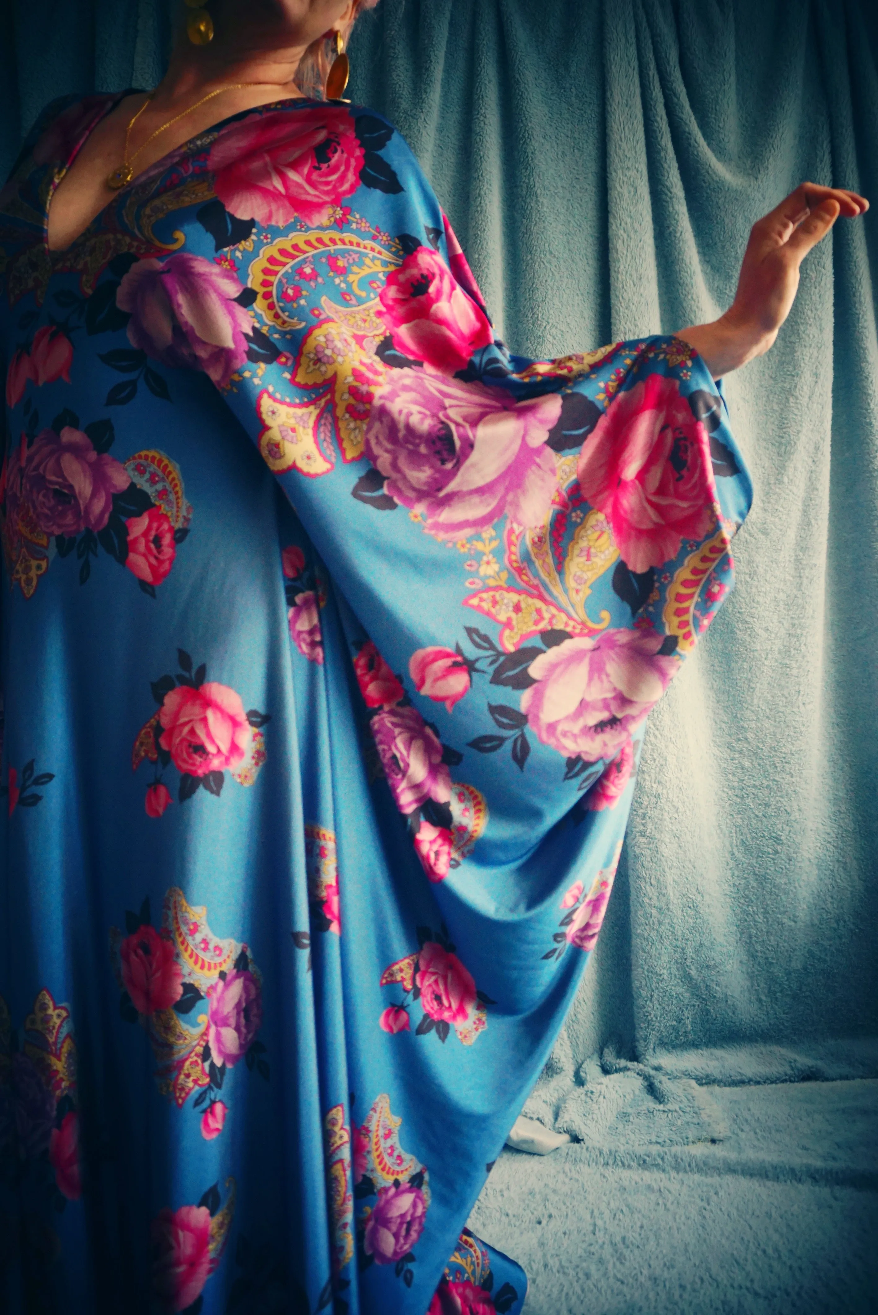 Floral Border pinks and blues Flower Garden Kaftan Gown