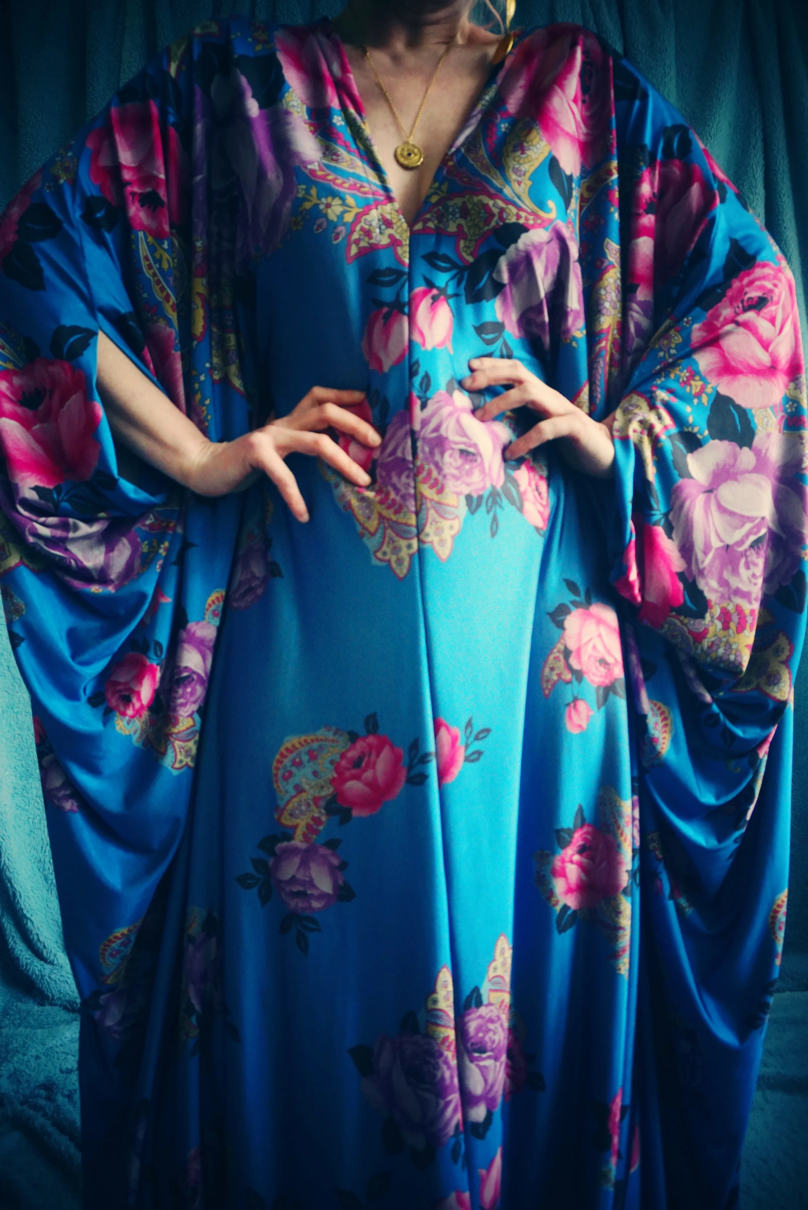 Floral Border pinks and blues Flower Garden Kaftan Gown