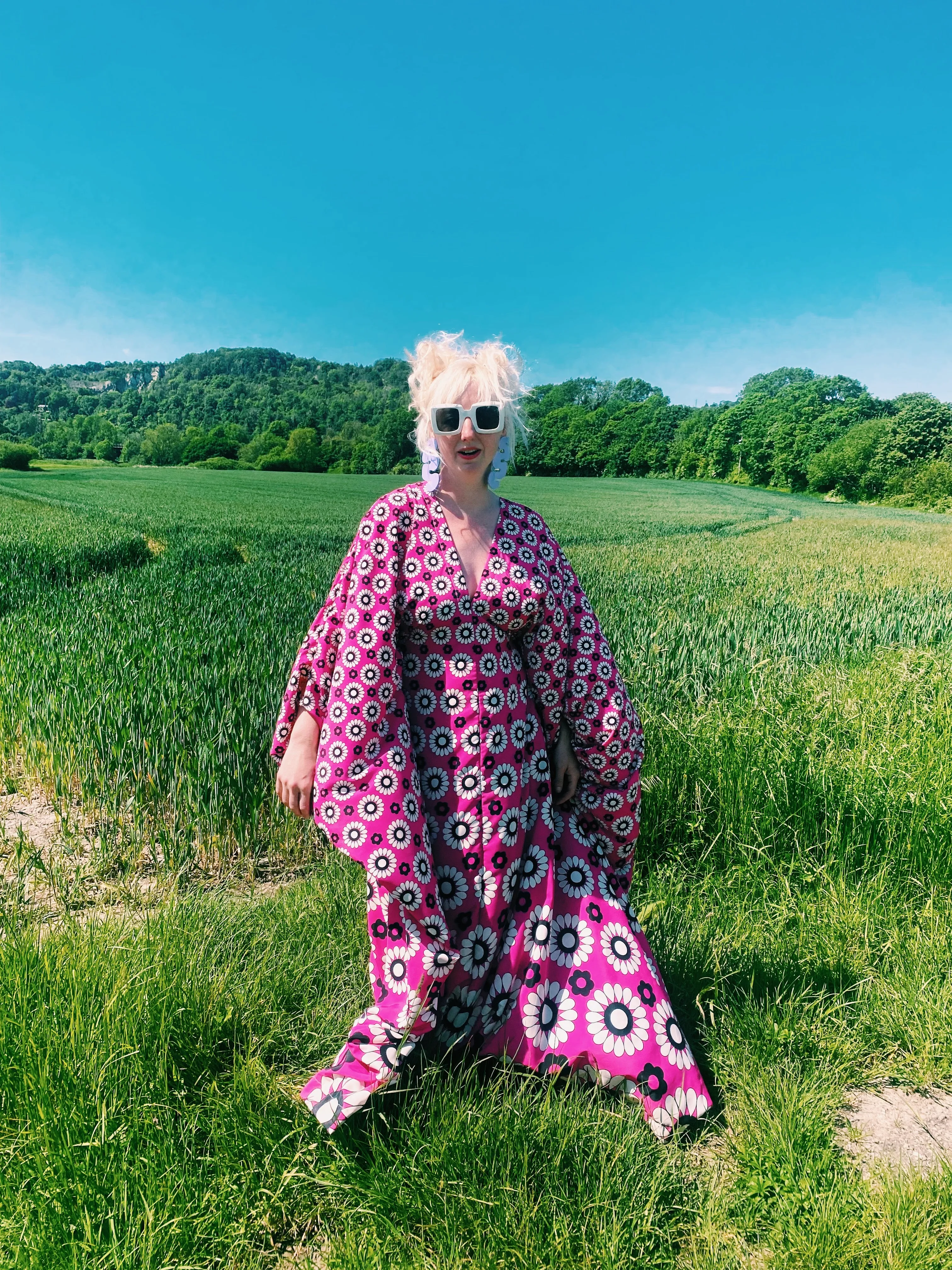 Flower Power black white and Pink kaftan gown / kimono robe