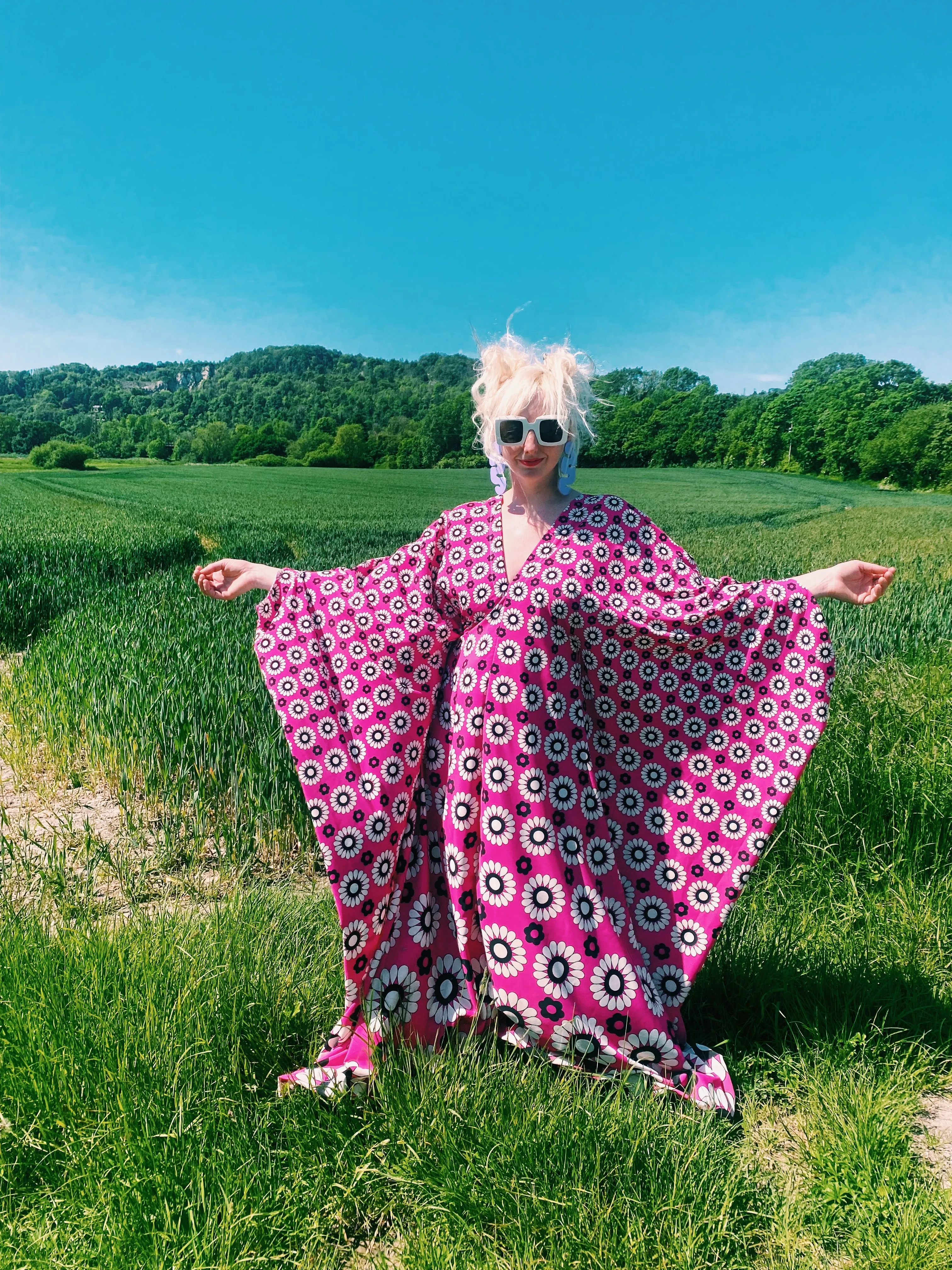 Flower Power black white and Pink kaftan gown / kimono robe