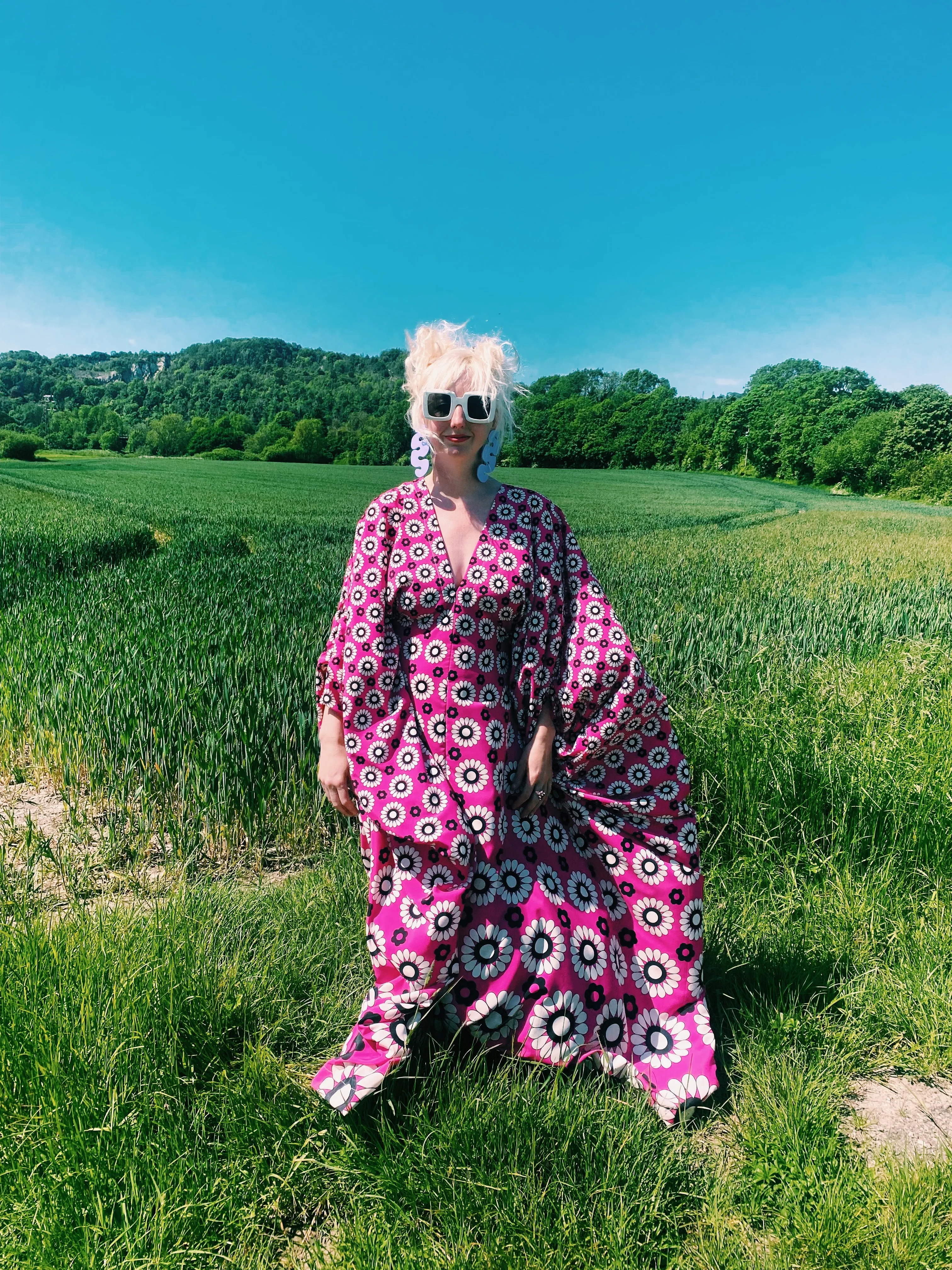 Flower Power black white and Pink kaftan gown / kimono robe