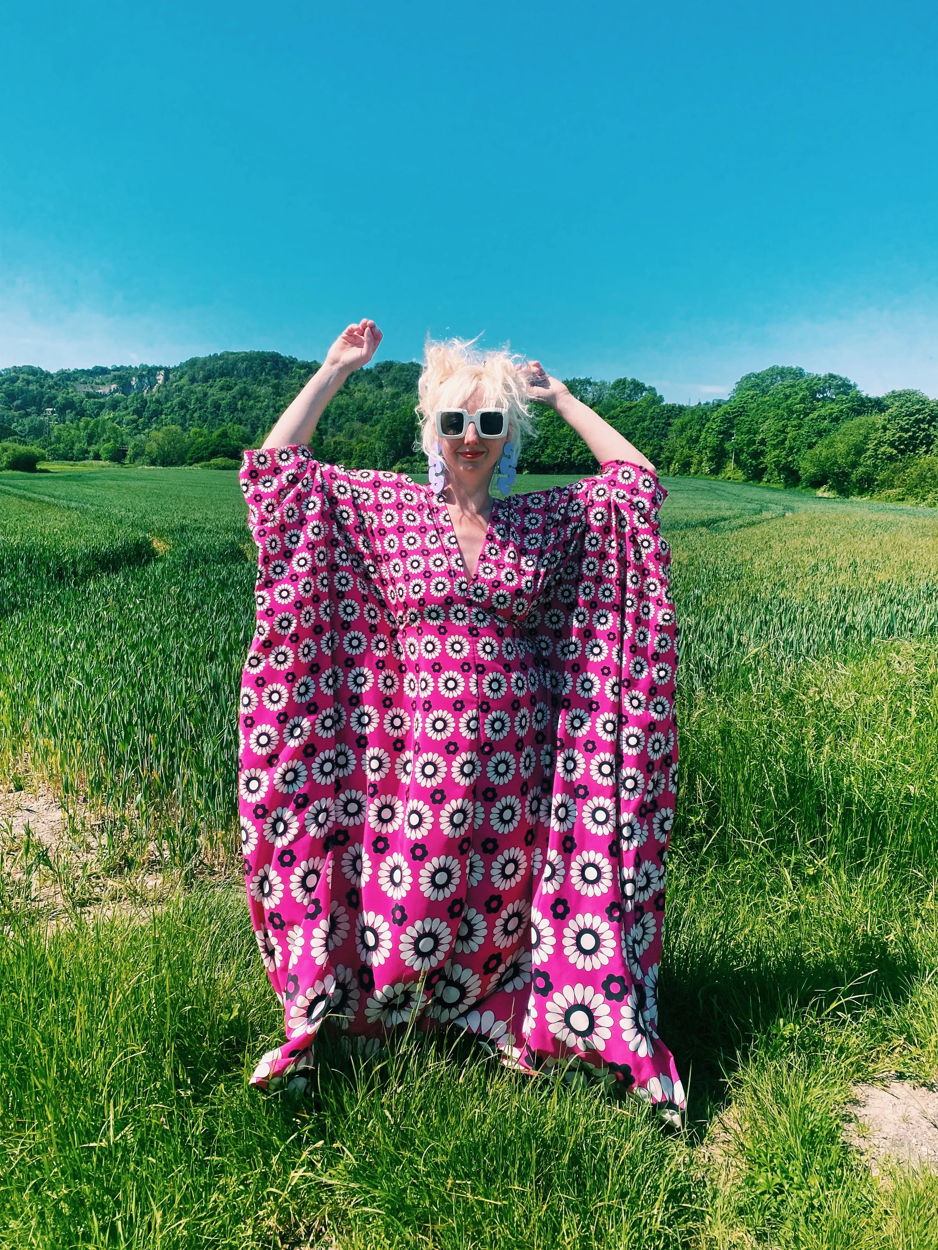 Flower Power black white and Pink kaftan gown / kimono robe
