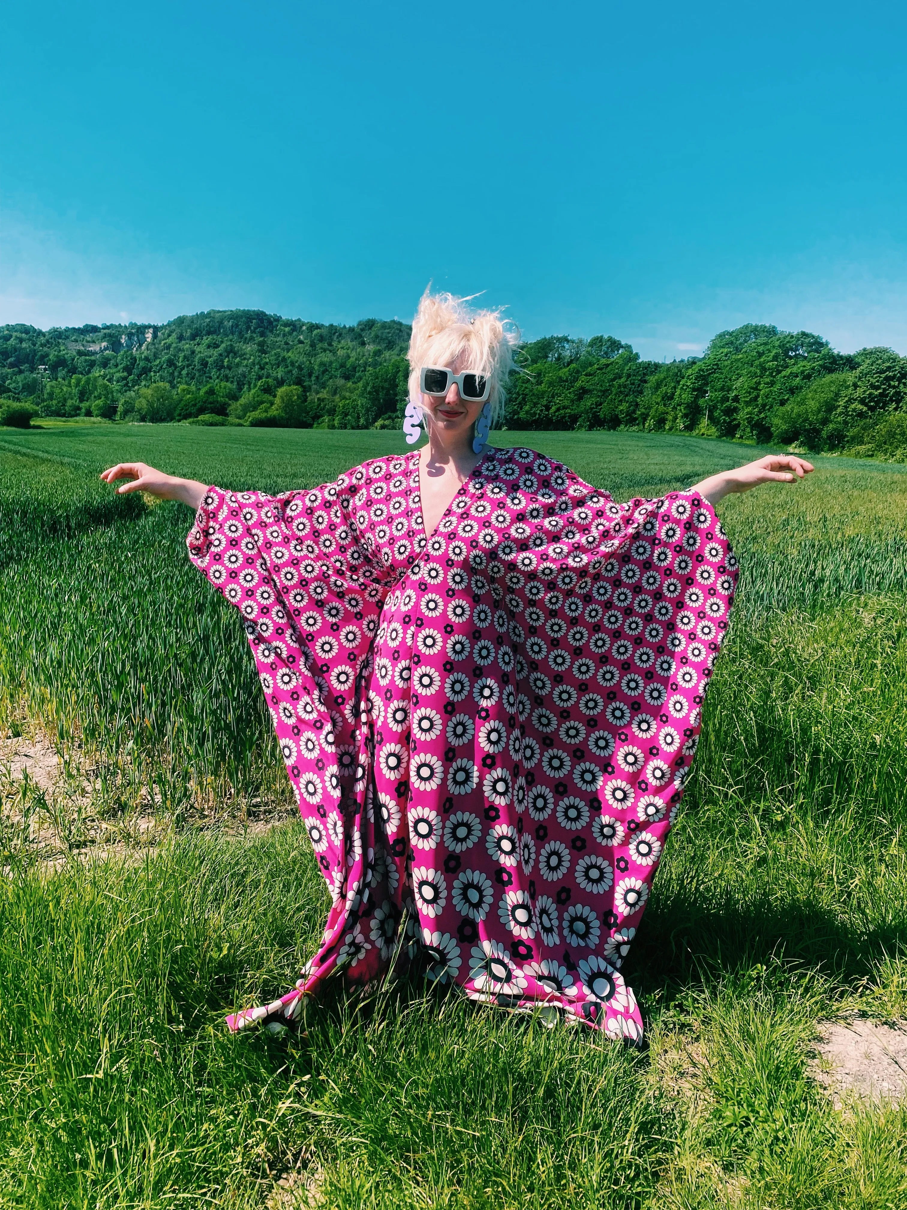 Flower Power black white and Pink kaftan gown / kimono robe