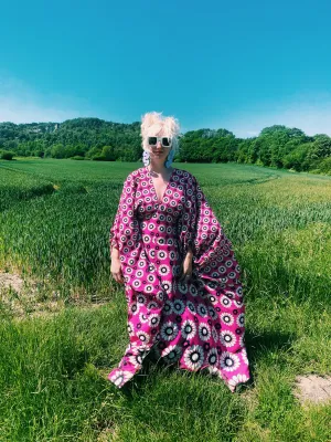 Flower Power black white and Pink kaftan gown / kimono robe