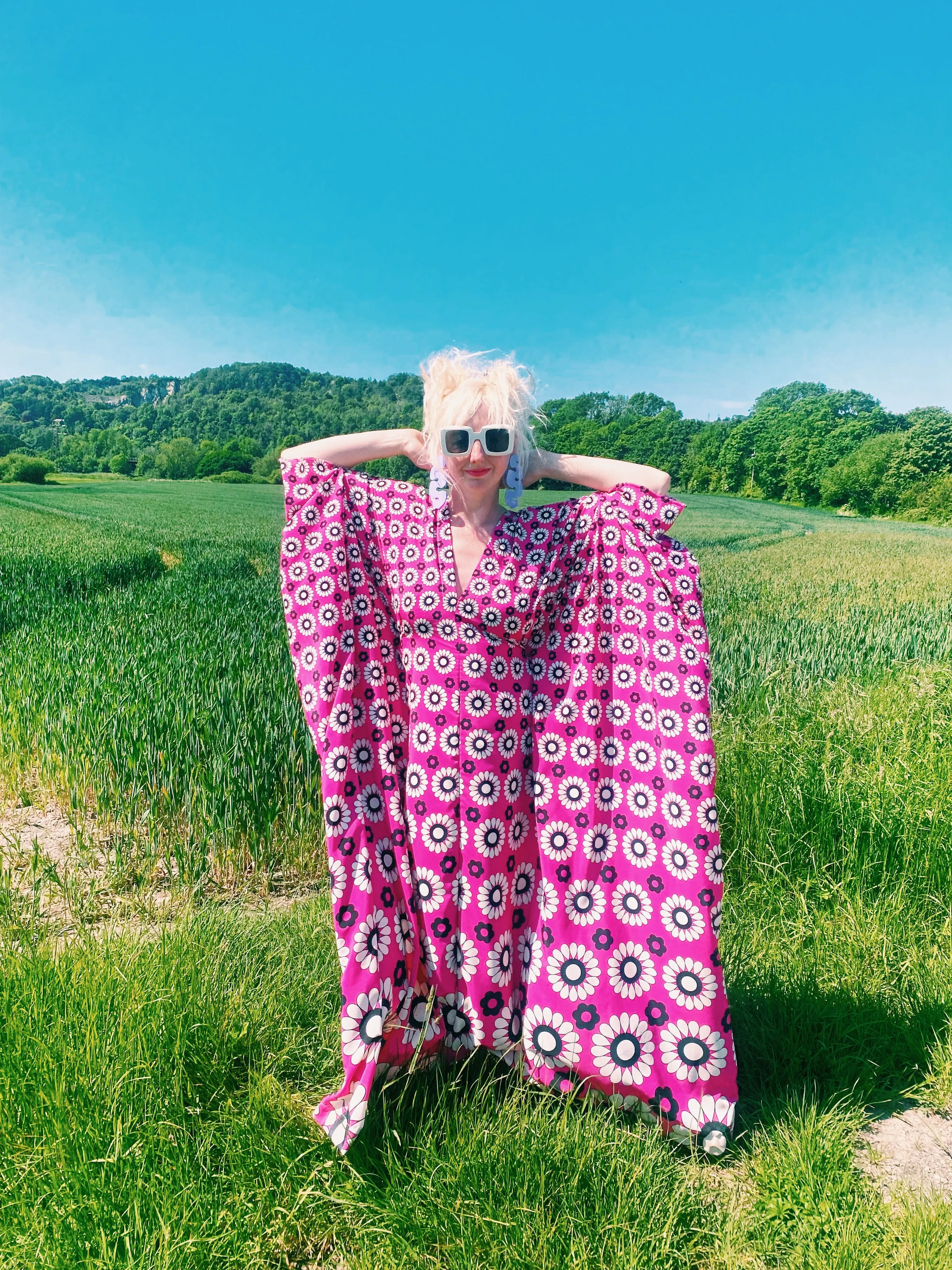 Flower Power black white and Pink kaftan gown / kimono robe
