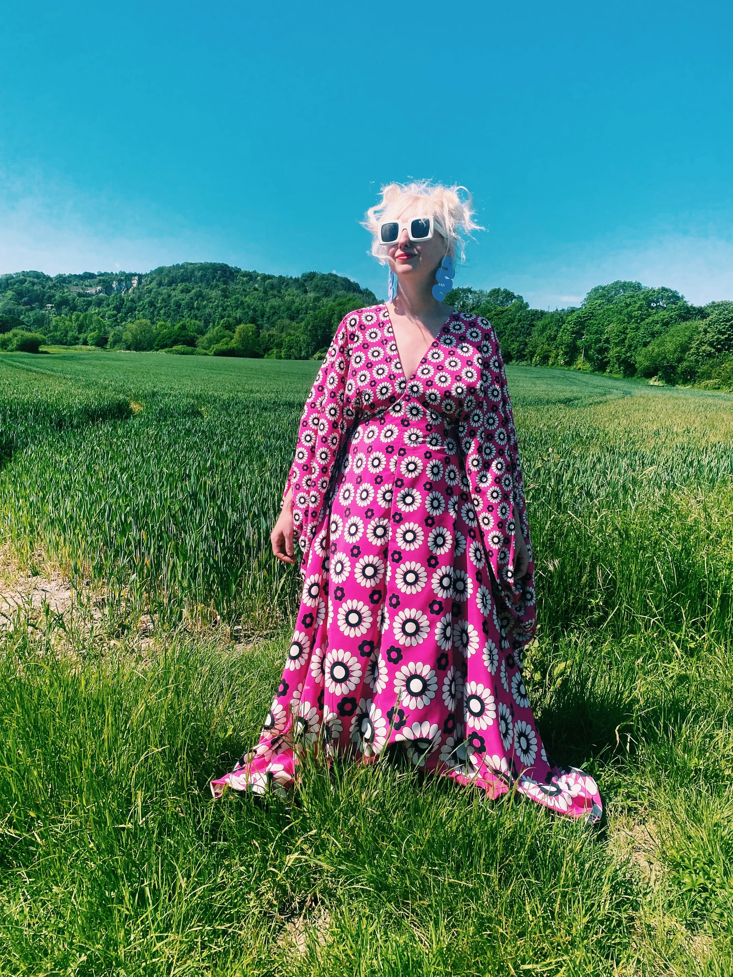 Flower Power black white and Pink kaftan gown / kimono robe