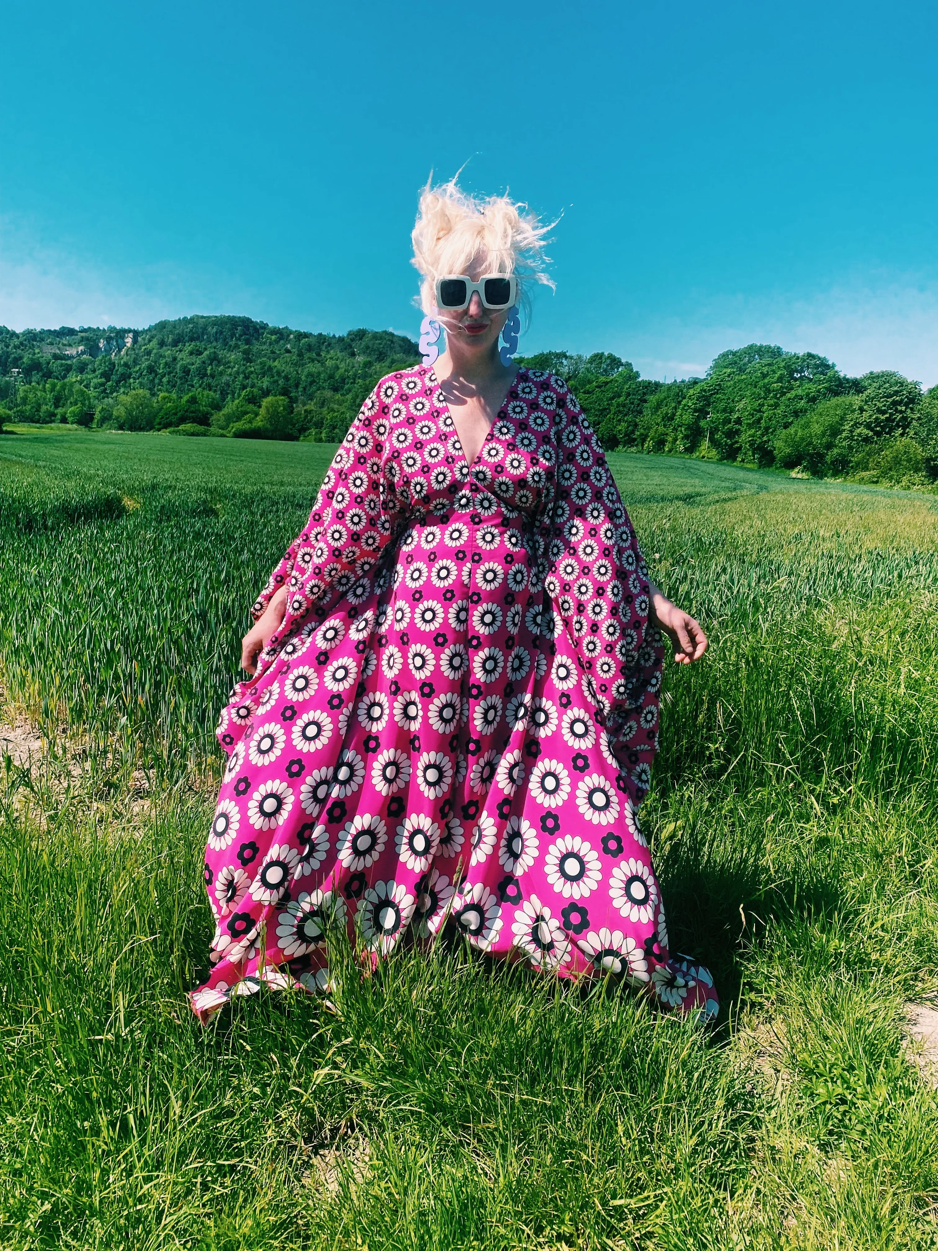 Flower Power black white and Pink kaftan gown / kimono robe