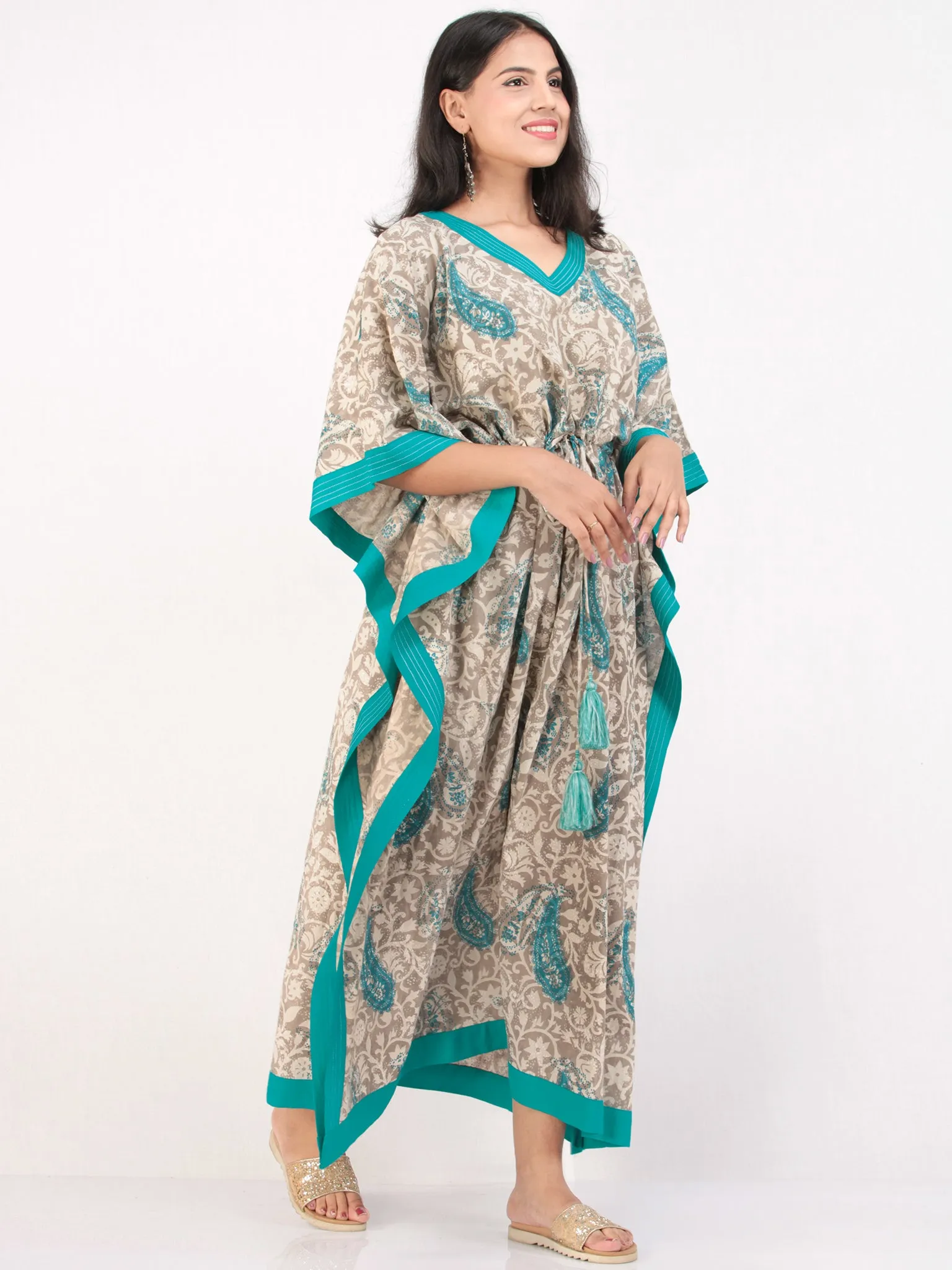 Gey Sky Blue Hand Block Printed Kaftan - K161F1397