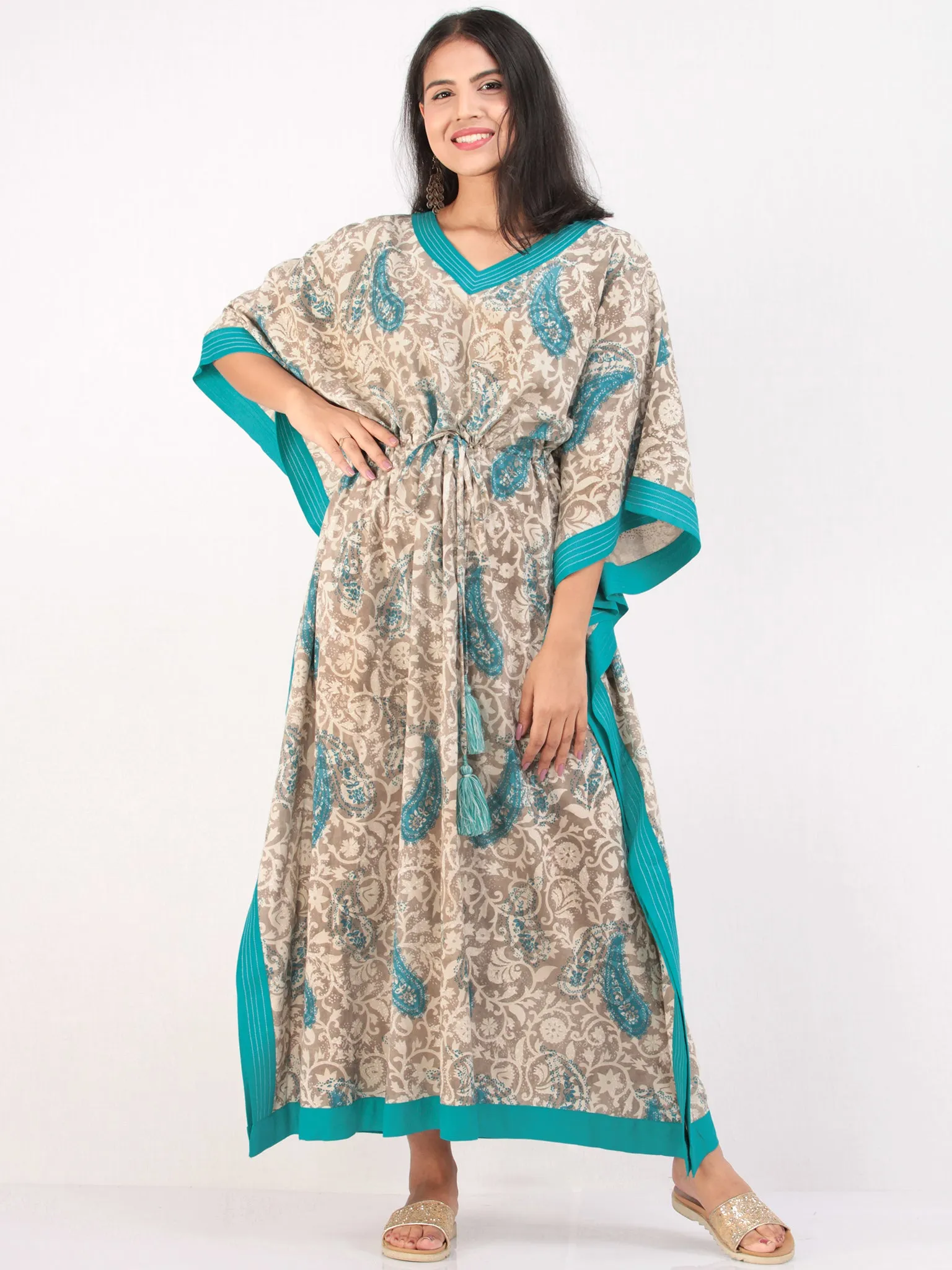 Gey Sky Blue Hand Block Printed Kaftan - K161F1397
