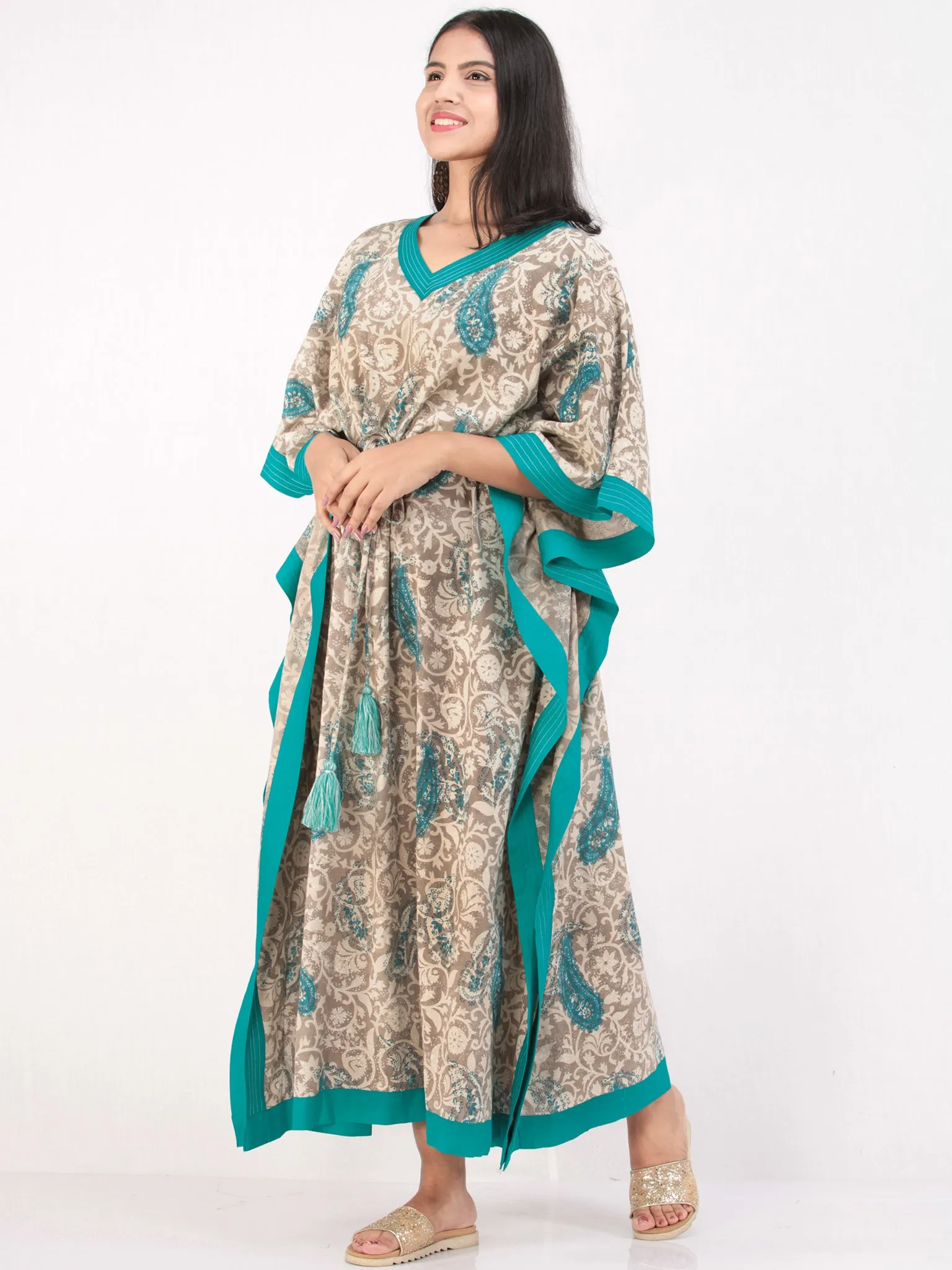 Gey Sky Blue Hand Block Printed Kaftan - K161F1397