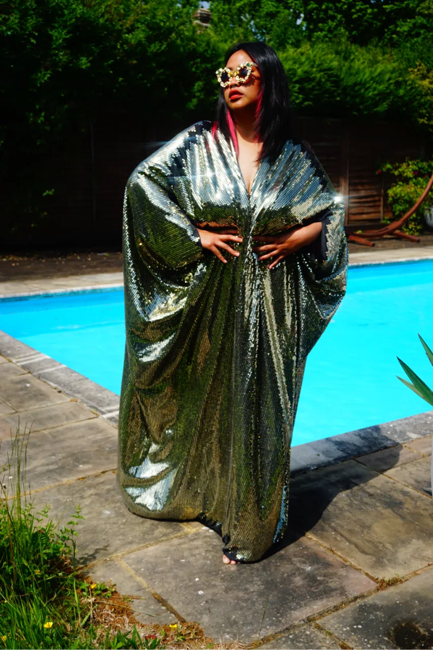Gold Sequin Studio 54 Sparkle Sequin Kaftan Gown / Kimono Robe