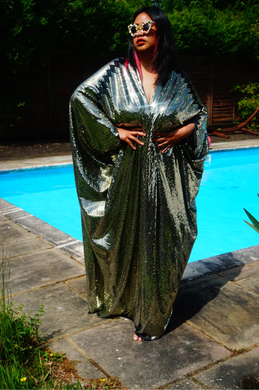 Gold Sequin Studio 54 Sparkle Sequin Kaftan Gown / Kimono Robe
