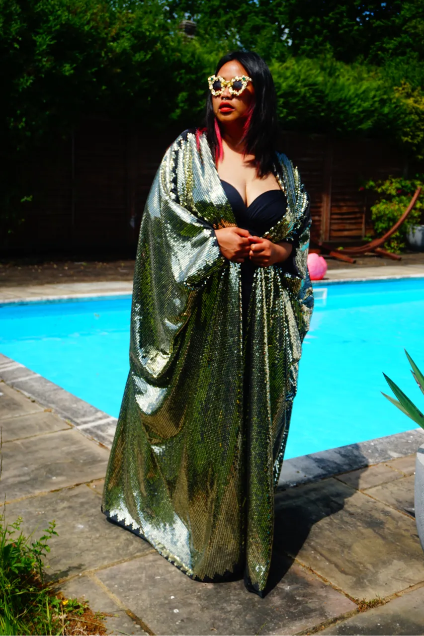 Gold Sequin Studio 54 Sparkle Sequin Kaftan Gown / Kimono Robe