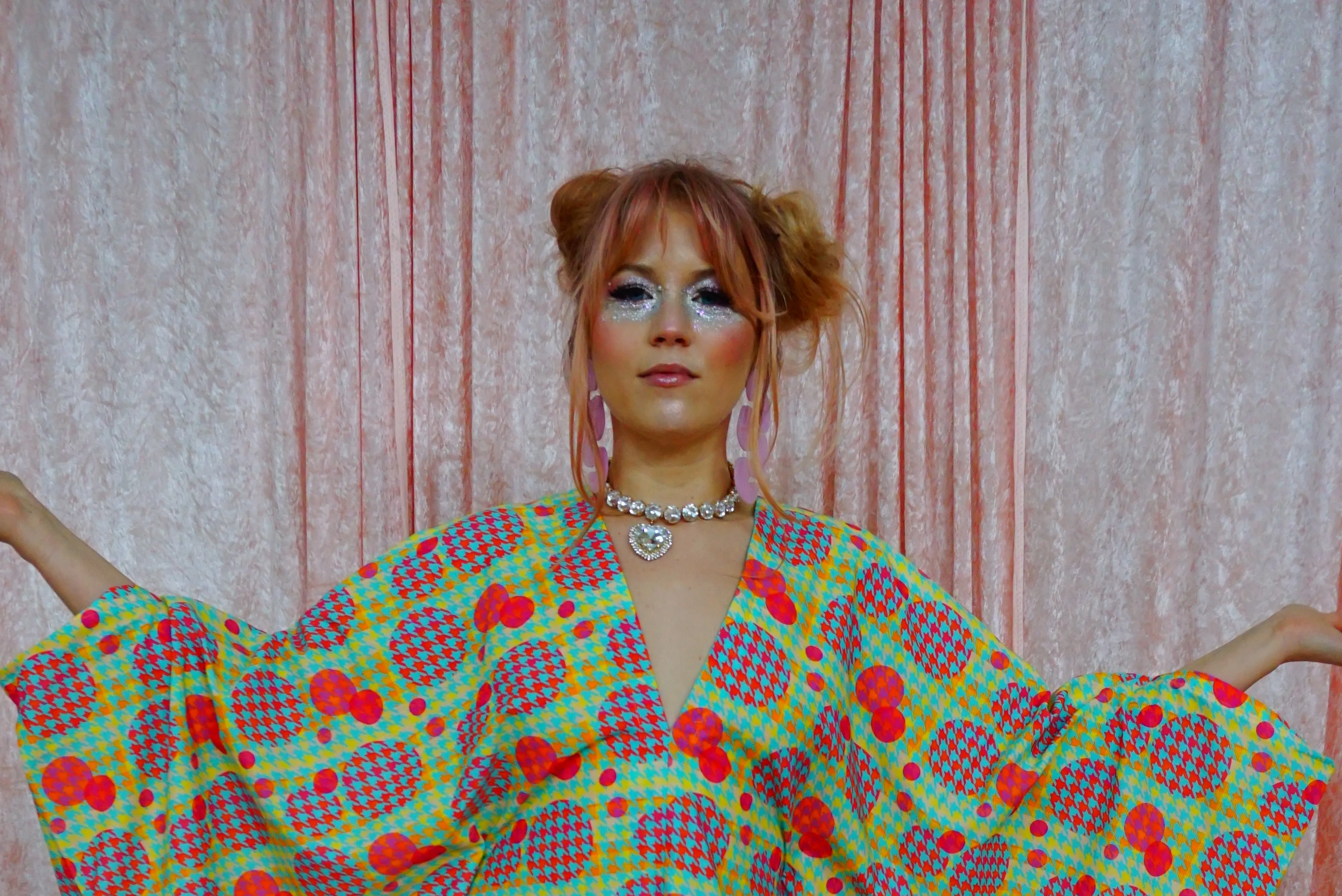 Green, Pink, Yellow, and Blue Patterned V-Neck Kaftan Gown