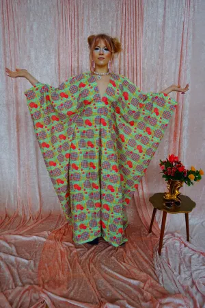 Green, Pink, Yellow, and Blue Patterned V-Neck Kaftan Gown