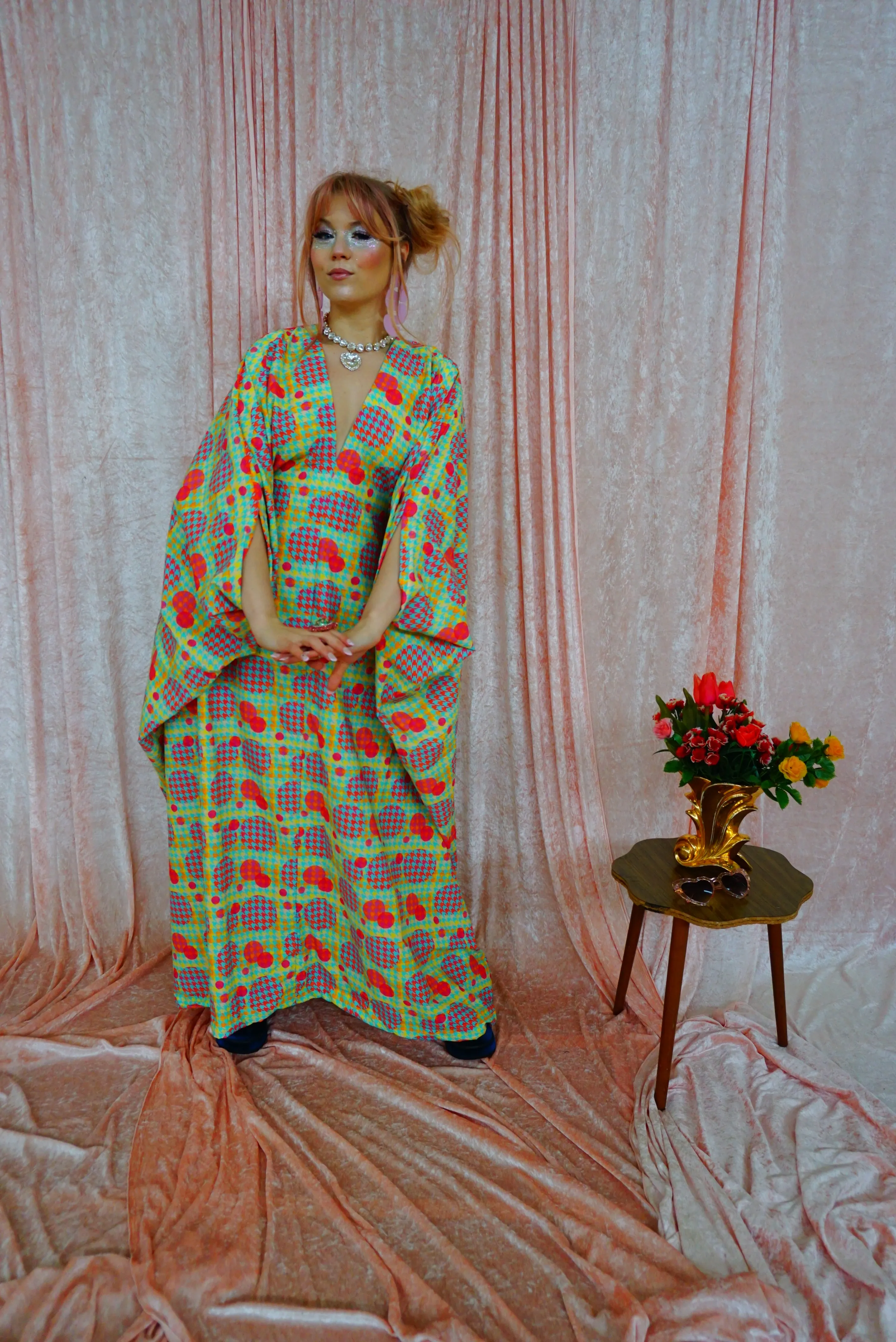 Green, Pink, Yellow, and Blue Patterned V-Neck Kaftan Gown