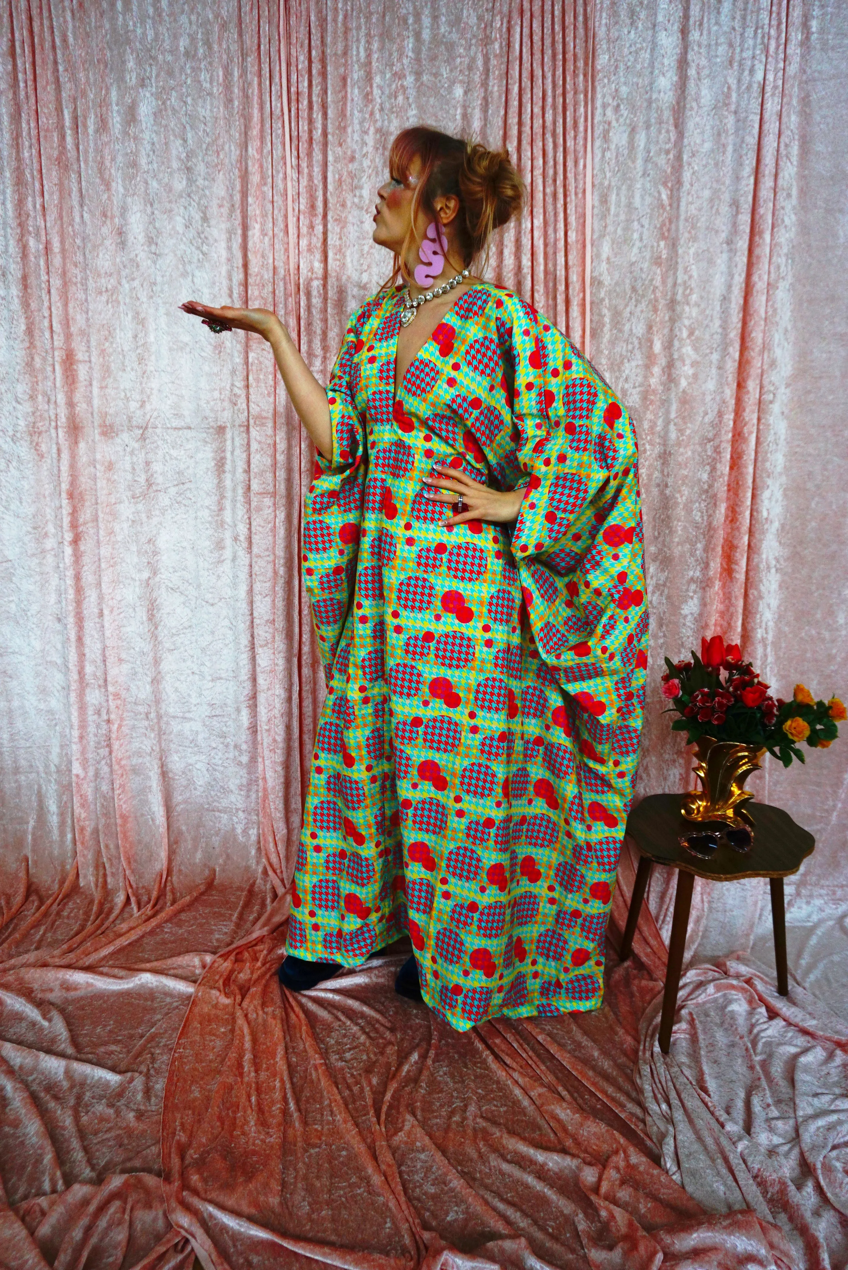 Green, Pink, Yellow, and Blue Patterned V-Neck Kaftan Gown