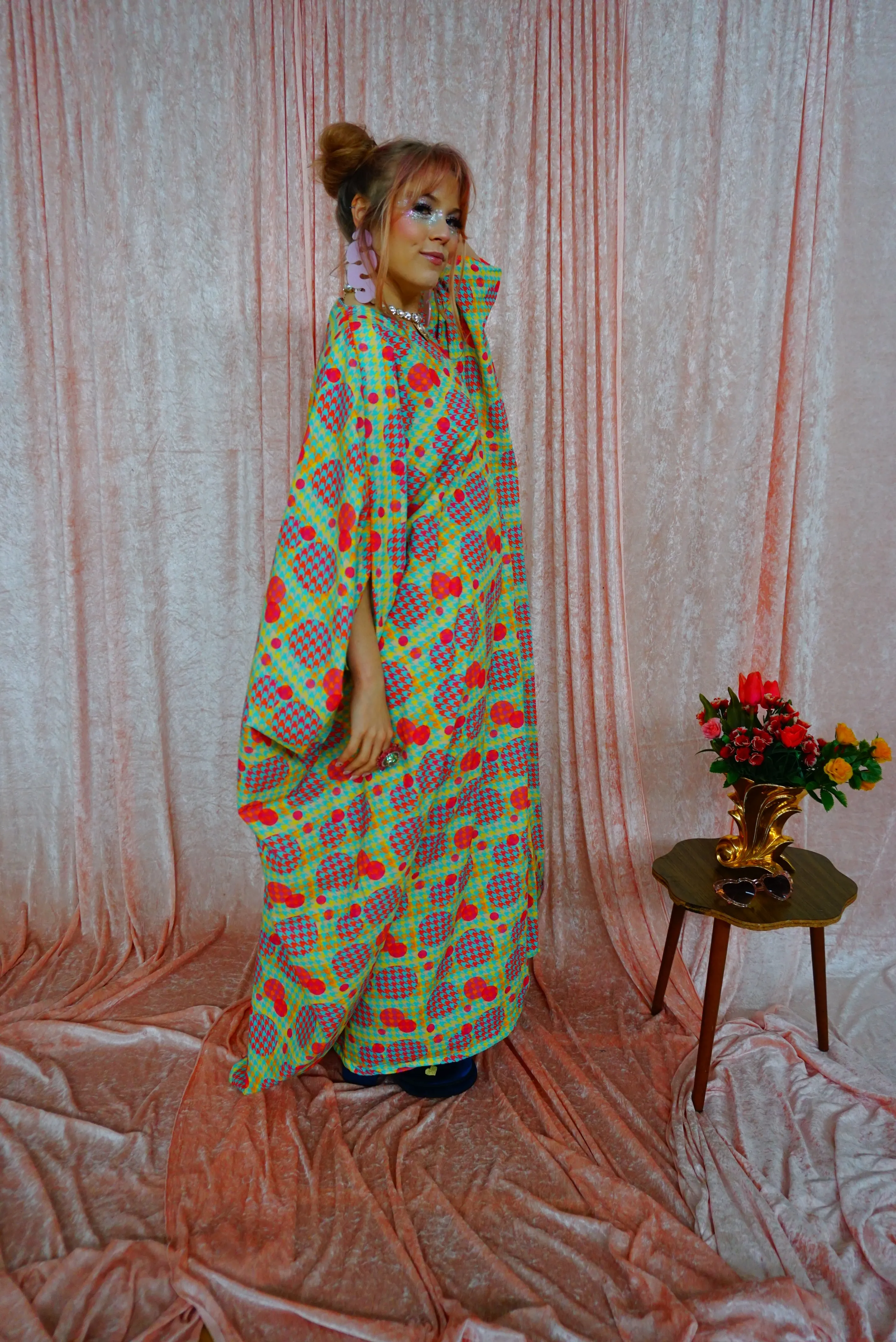 Green, Pink, Yellow, and Blue Patterned V-Neck Kaftan Gown