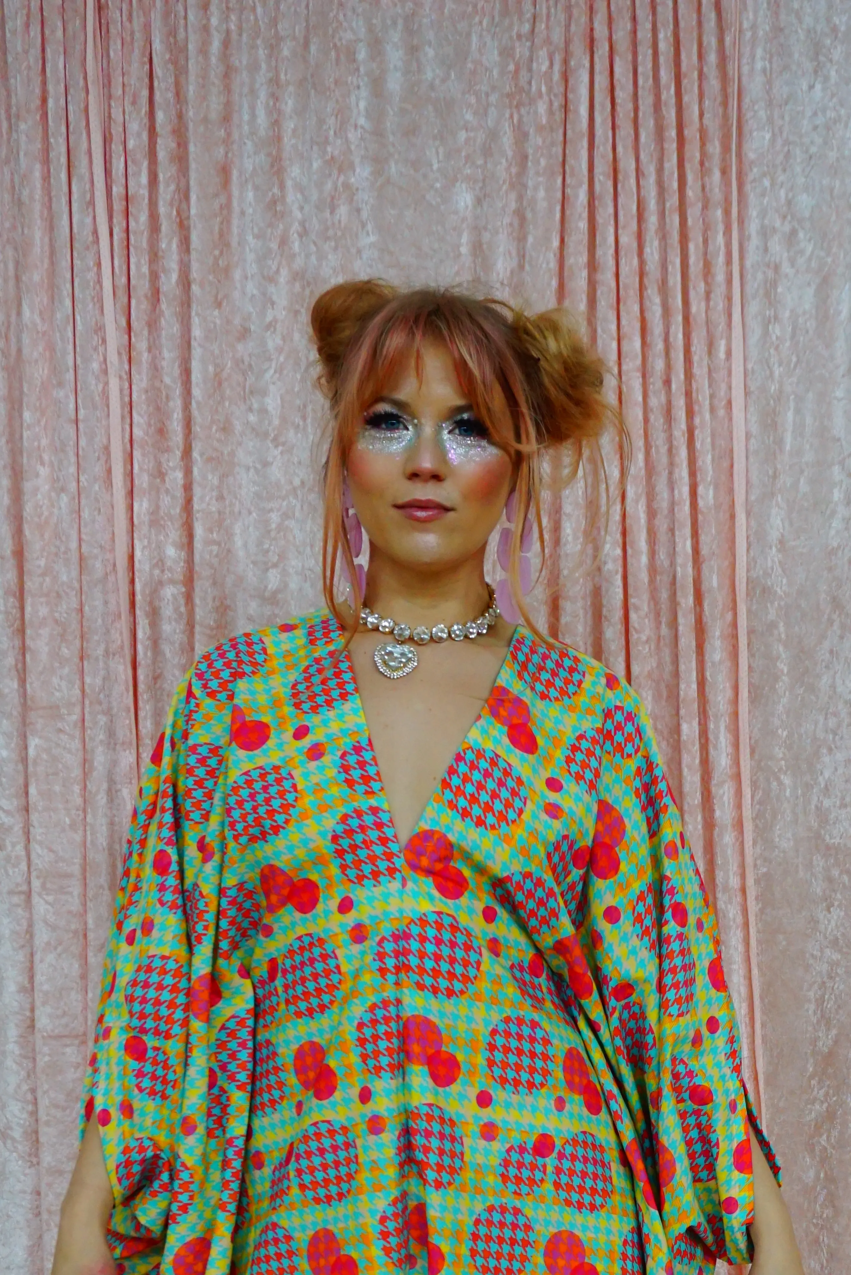 Green, Pink, Yellow, and Blue Patterned V-Neck Kaftan Gown