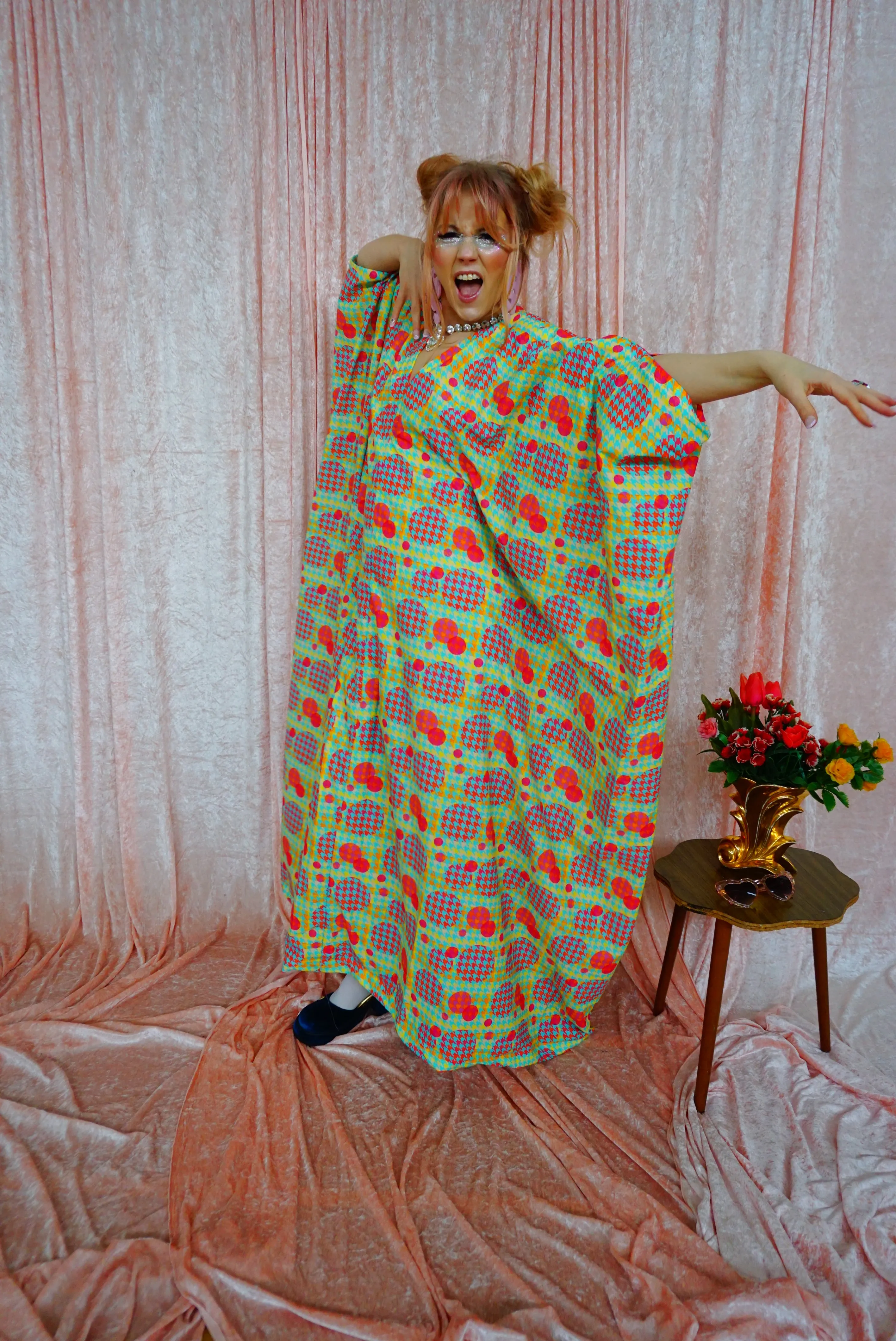 Green, Pink, Yellow, and Blue Patterned V-Neck Kaftan Gown