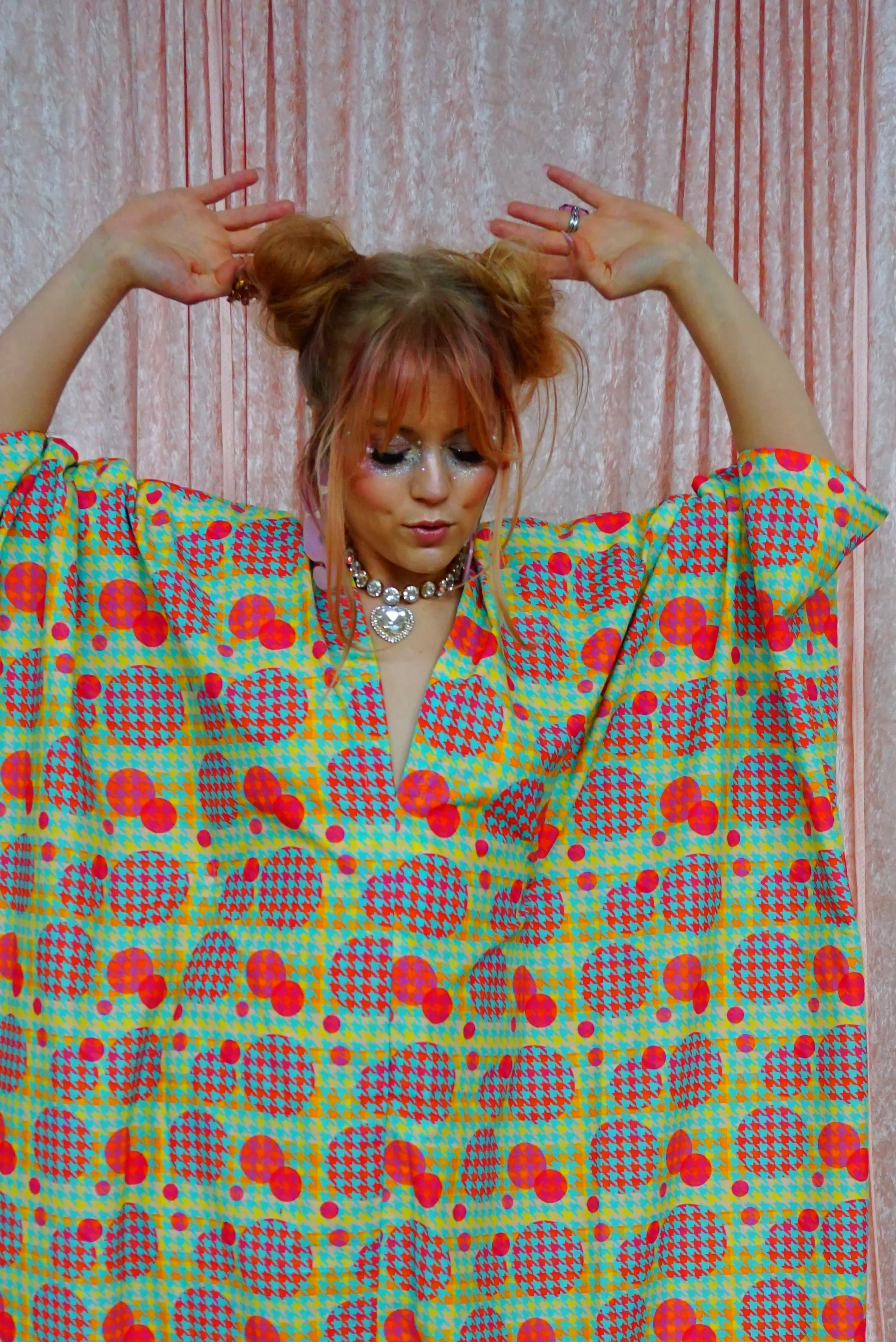 Green, Pink, Yellow, and Blue Patterned V-Neck Kaftan Gown