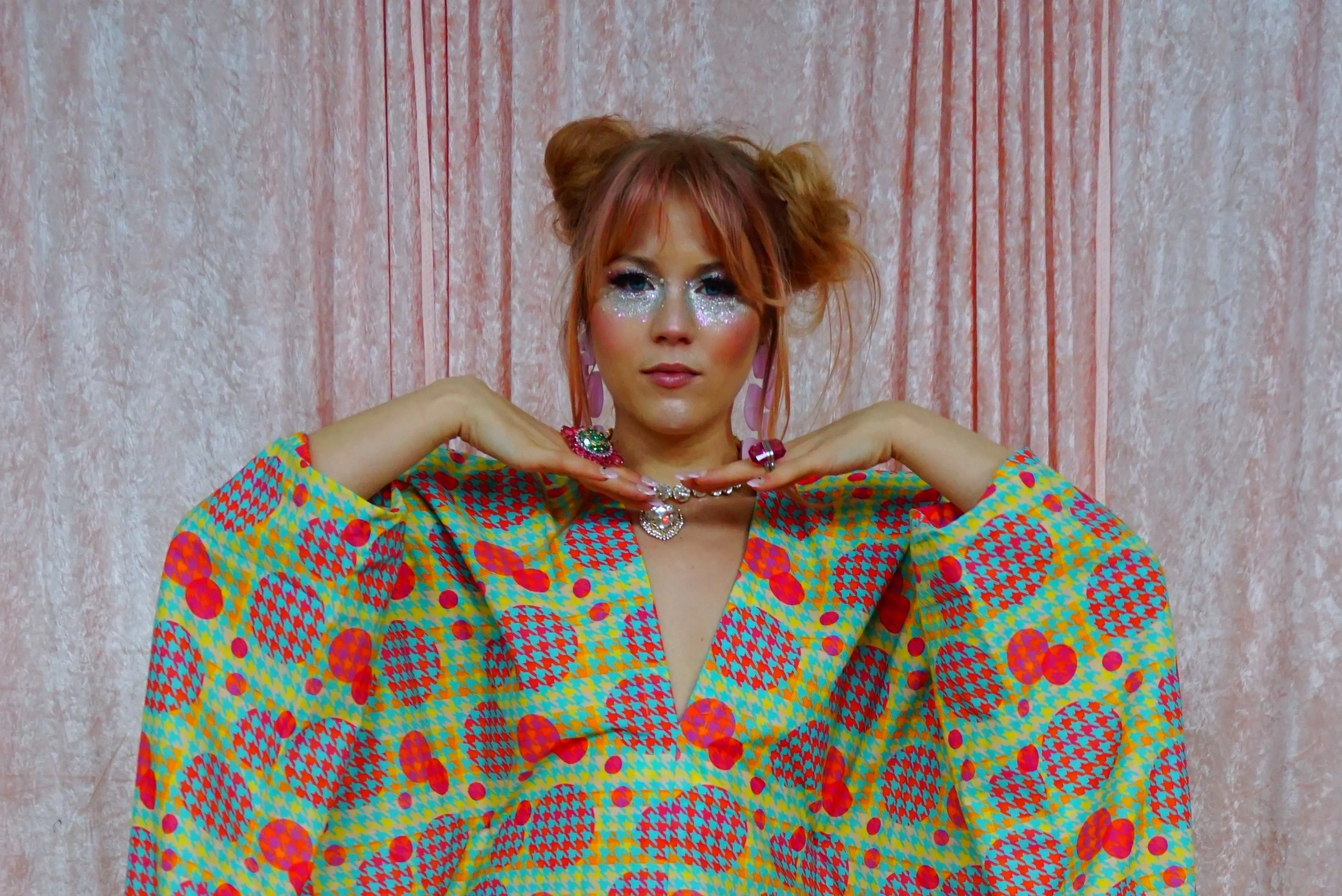 Green, Pink, Yellow, and Blue Patterned V-Neck Kaftan Gown