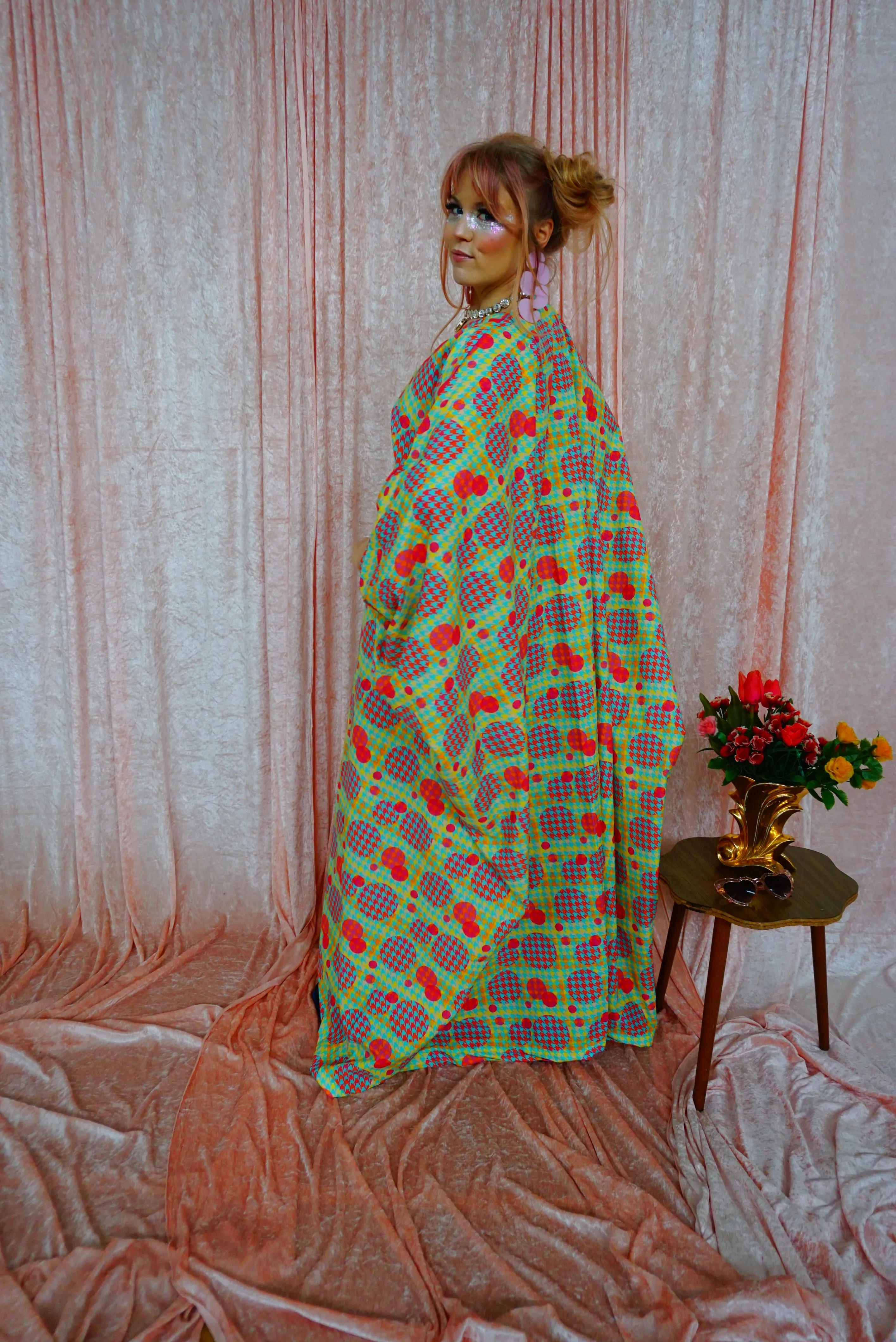 Green, Pink, Yellow, and Blue Patterned V-Neck Kaftan Gown